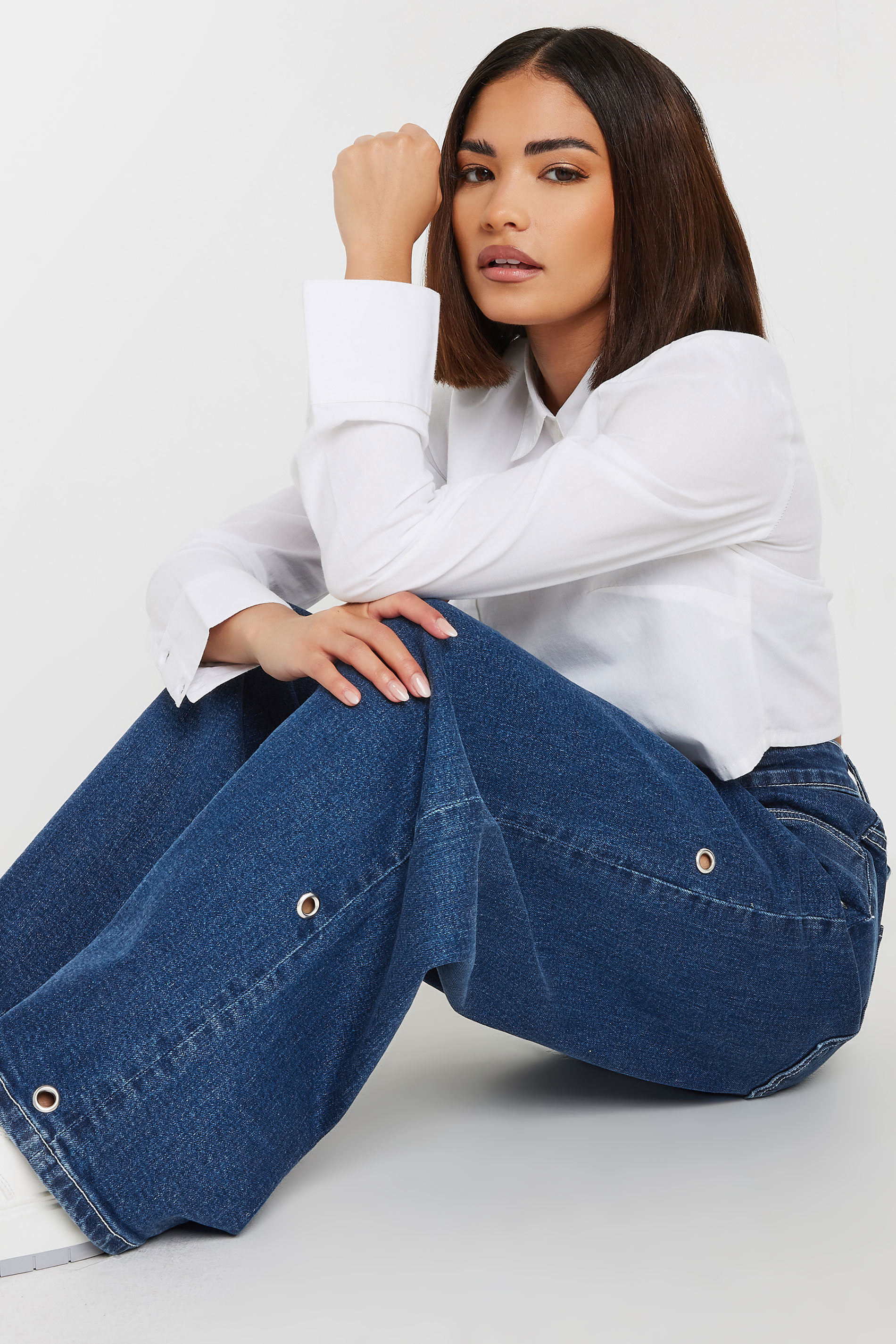 PixieGirl Petite Women's Blue Eyelet Detail Wide Leg Jeans | PixieGirl 5