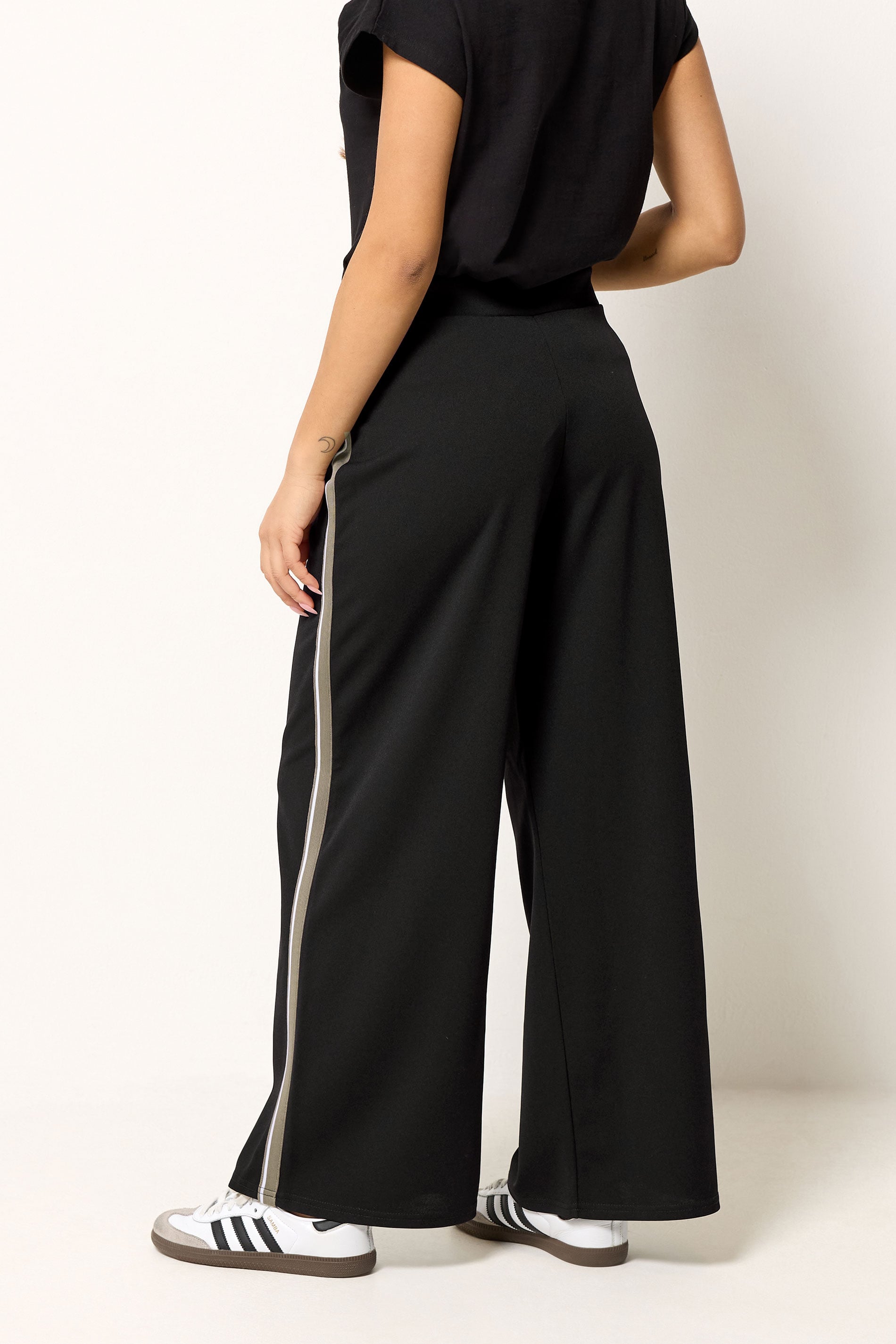 PixieGirl Petite Women's Black Side Stripe Detail Wide Leg Trousers | PixieGirl 2