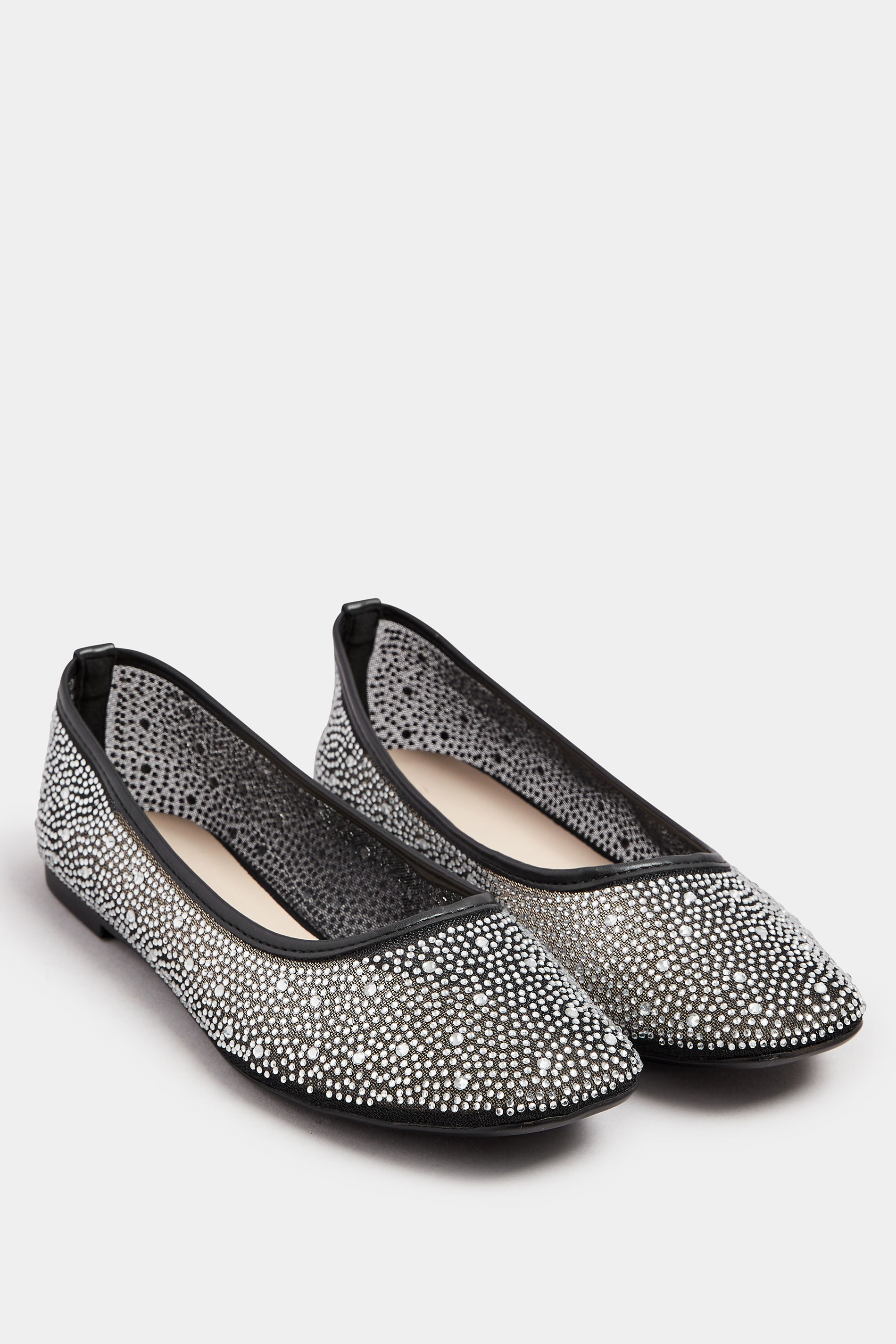 Black Mesh Diamante Embellished Ballerina Pumps In Wide E Fit | Yours Clothing 2