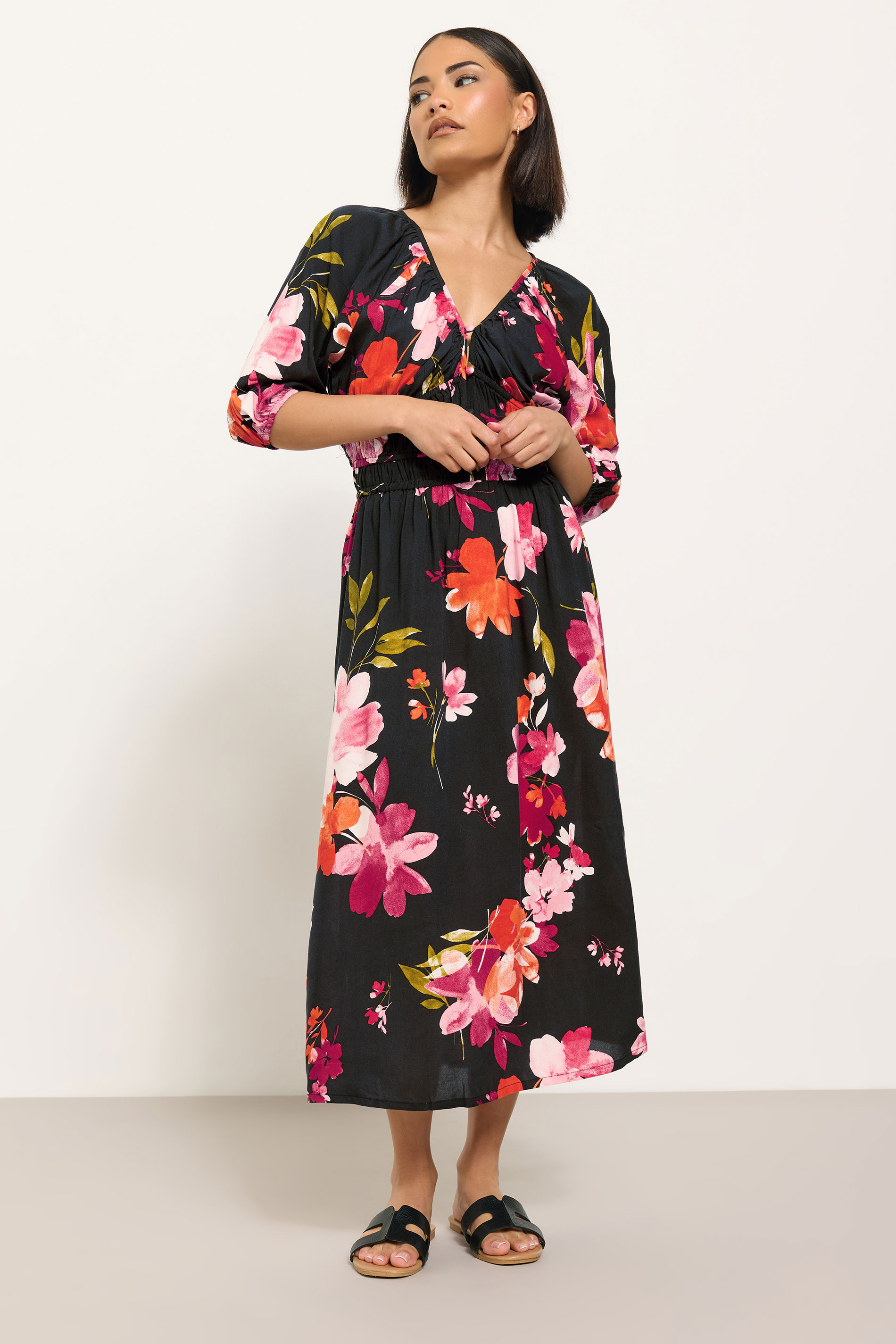 PixieGirl Petite Women's Red Floral Print Tea Midaxi Dress | PixieGirl 4