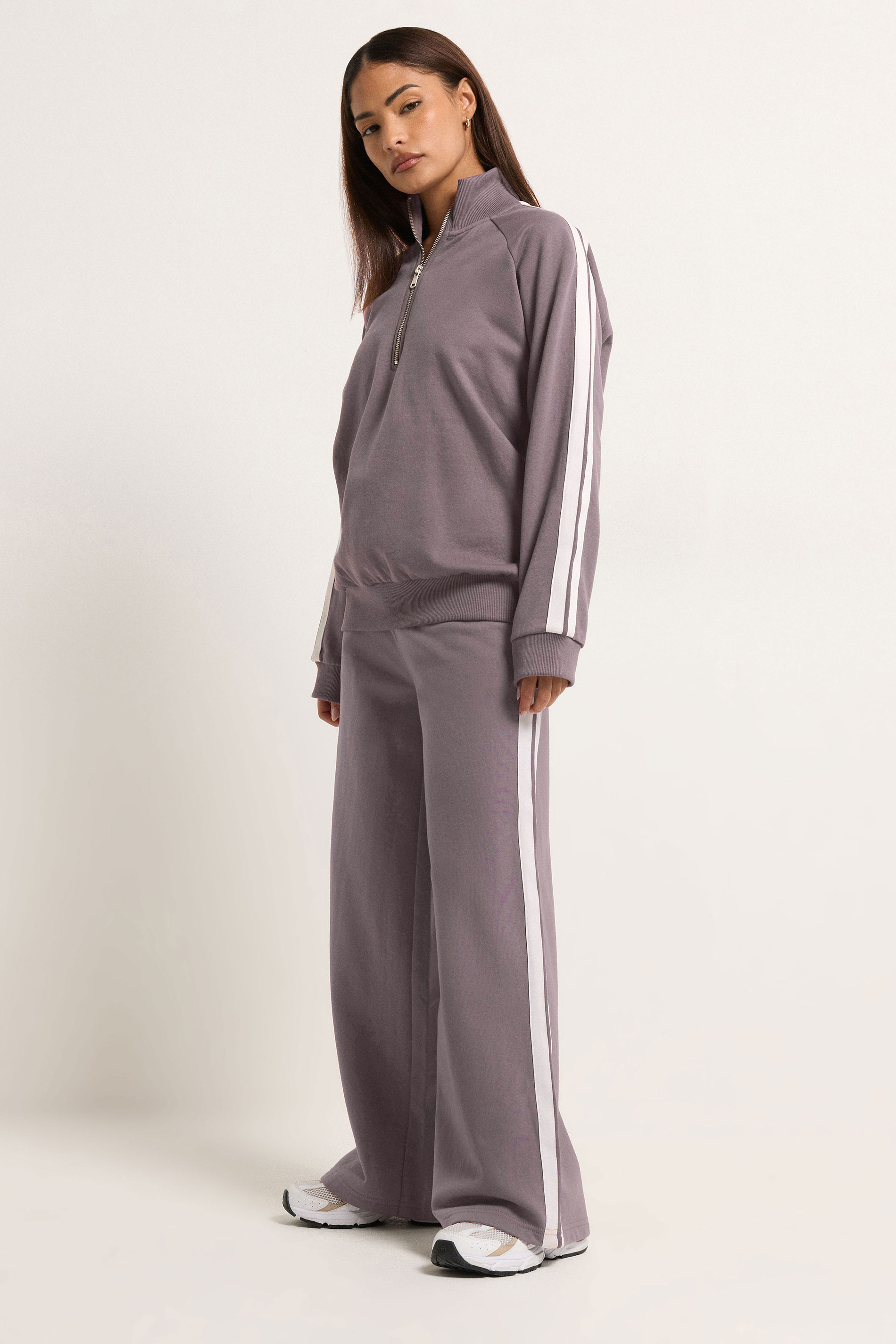 PixieGirl Petite Women's Set Purple Stripe Quarter Zip Sweatshirt & Wide Leg Joggers | PixieGirl 3