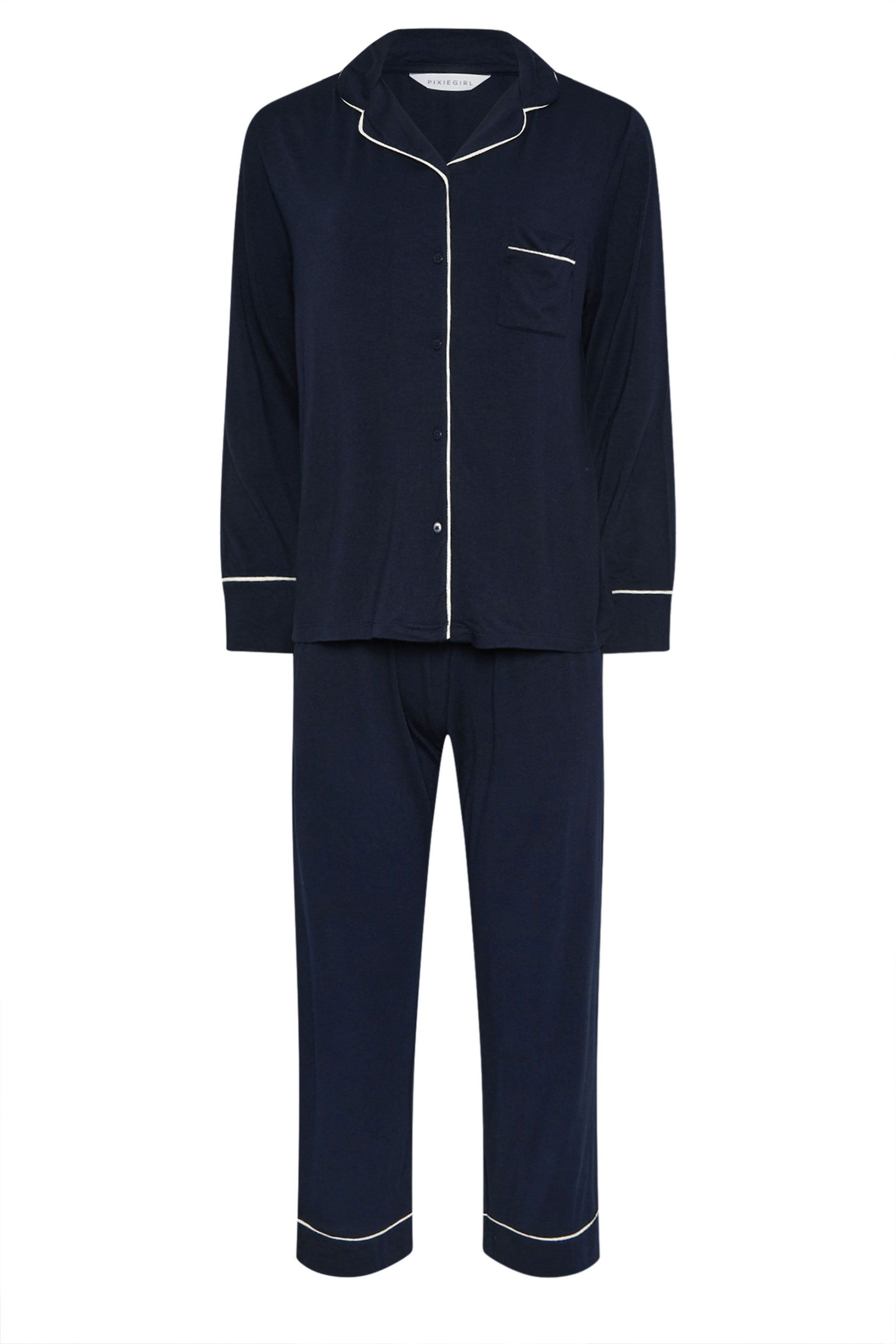 PixieGirl Petite Women's Navy Blue Piped Long Sleeve Jersey Pyjama Set | PixieGirl 5