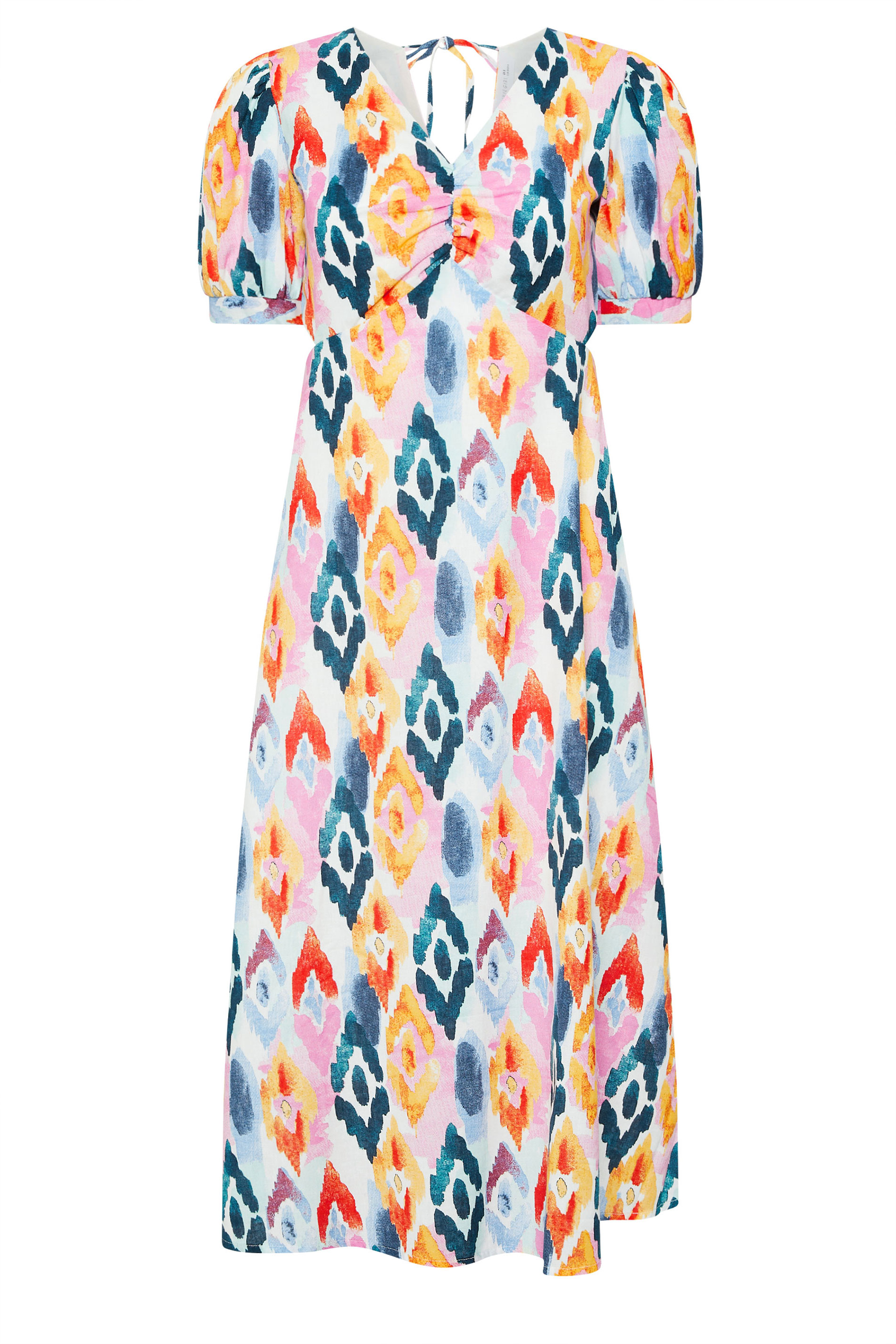 PixieGirl Petite Women's Pink Linen Abstract Puff Sleeve Midaxi Dress | PixieGirl 5