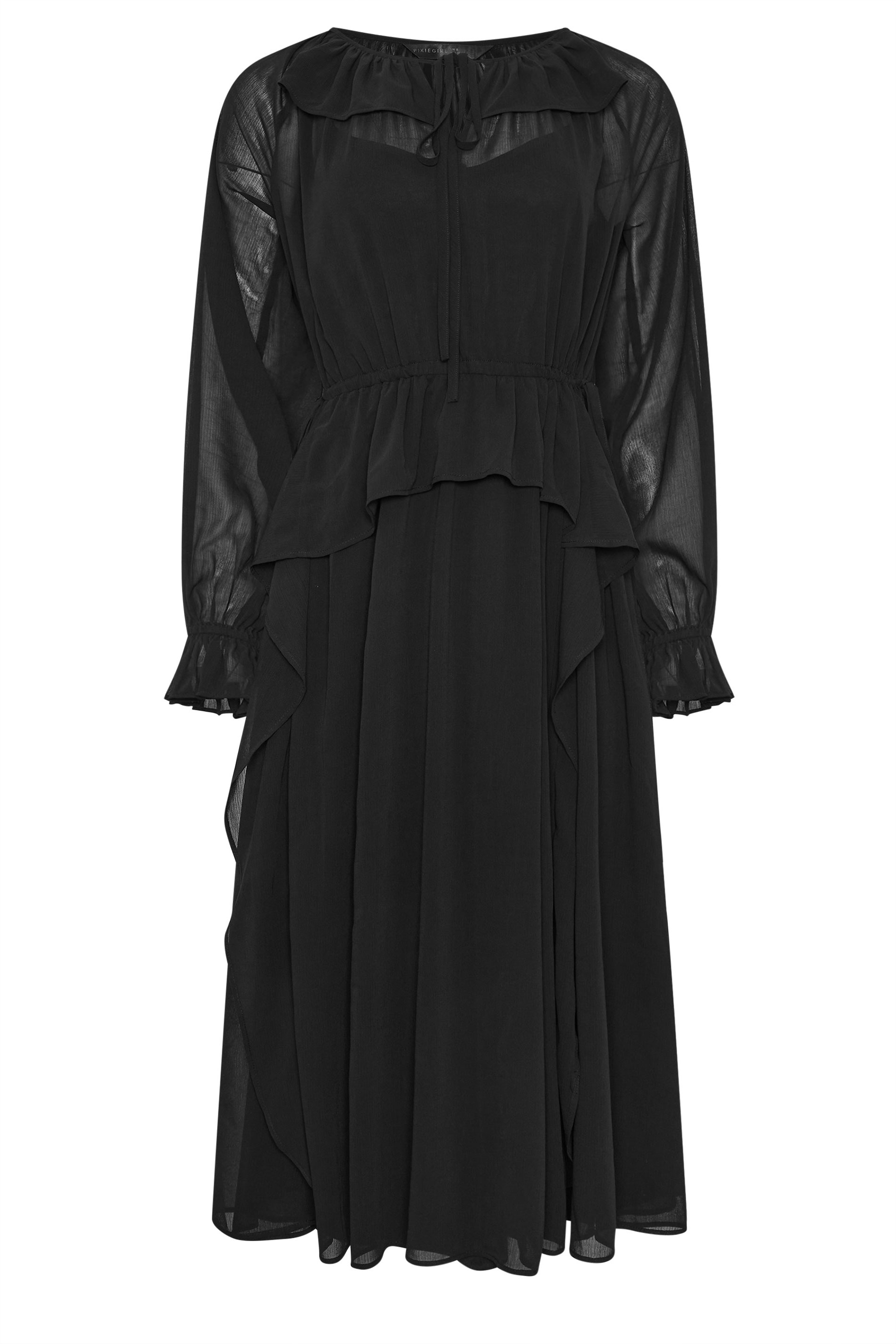 PixieGirl Petite Women's Black Chiffon Frill Tie Waist Maxi Dress | PixieGirl 7