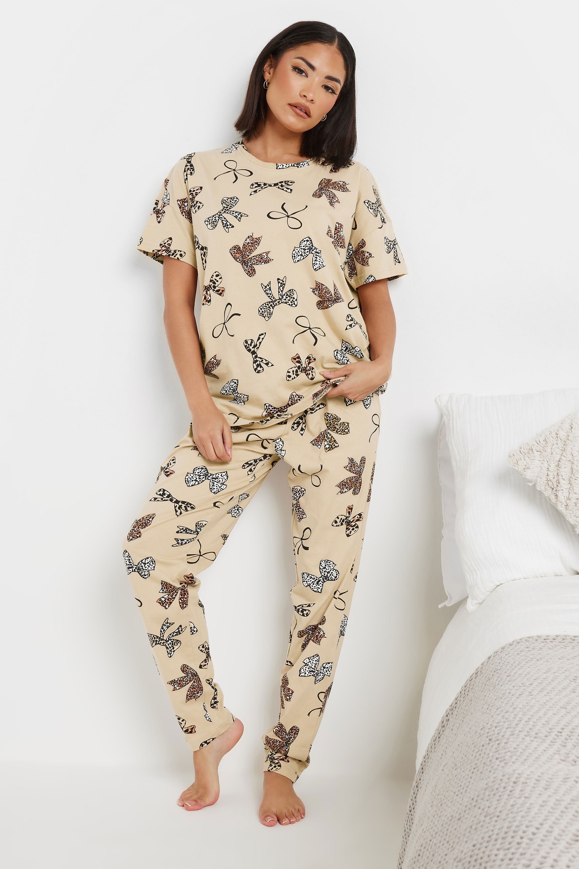 PixieGirl Petite Women's Beige Brown Animal Bow Graphic Tapered Pyjama Set | PixieGirl 2