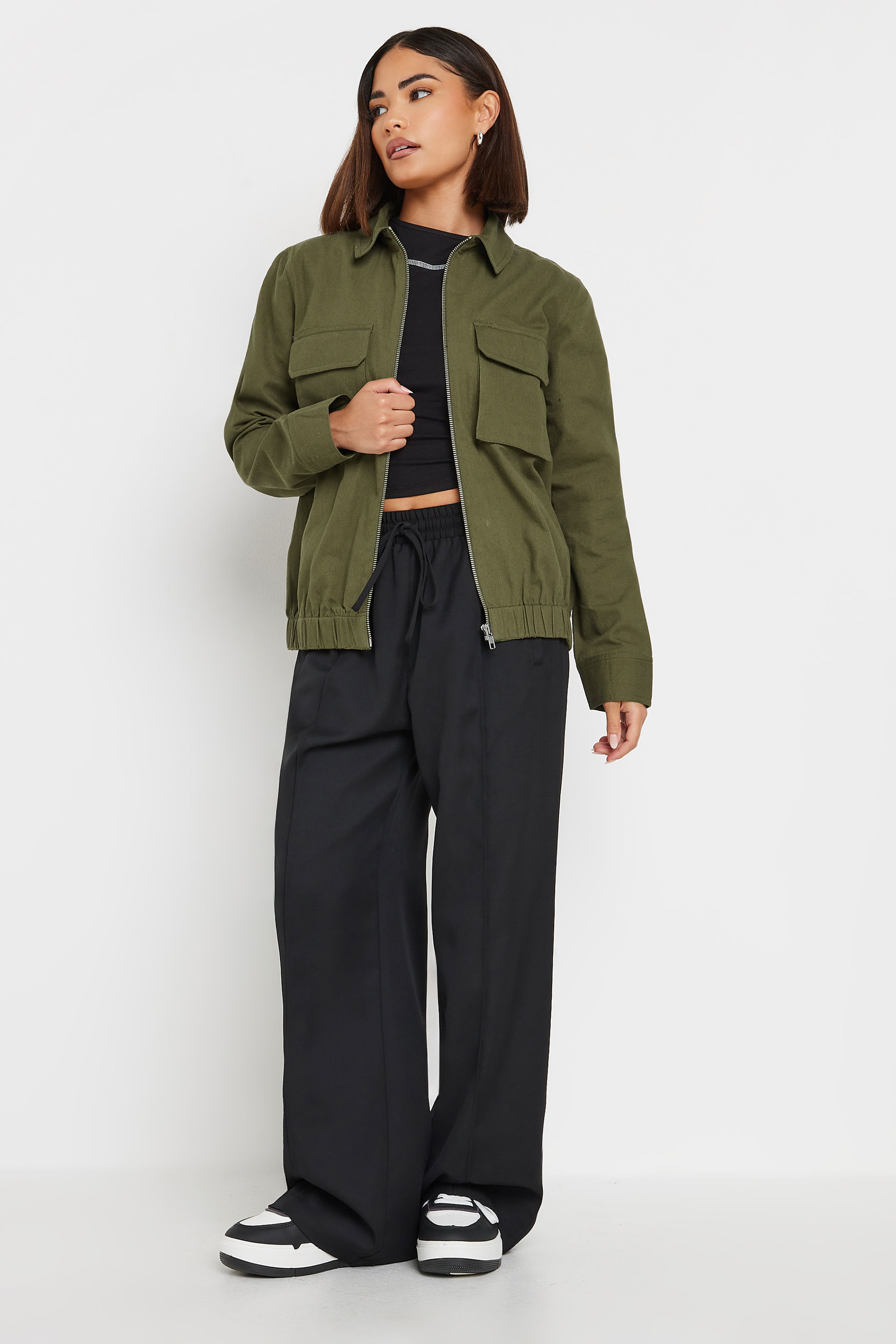 PixieGirl Petite Women's Khaki Green Utility Bomber Jacket | PixieGirl 3