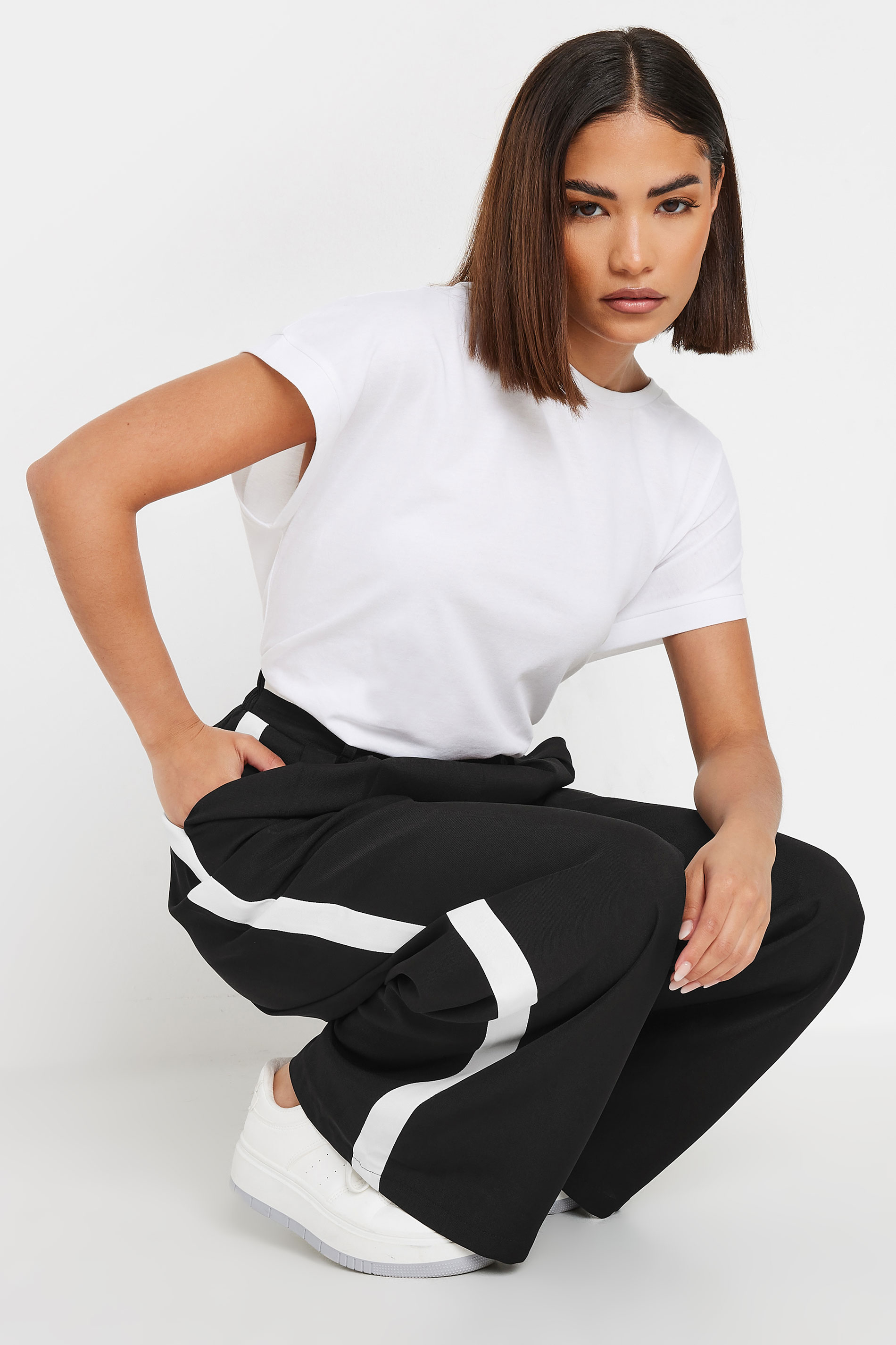 PixieGirl Petite Women's Black Side Stripe Contrast Waist Wide Leg Trousers | PixieGirl 4