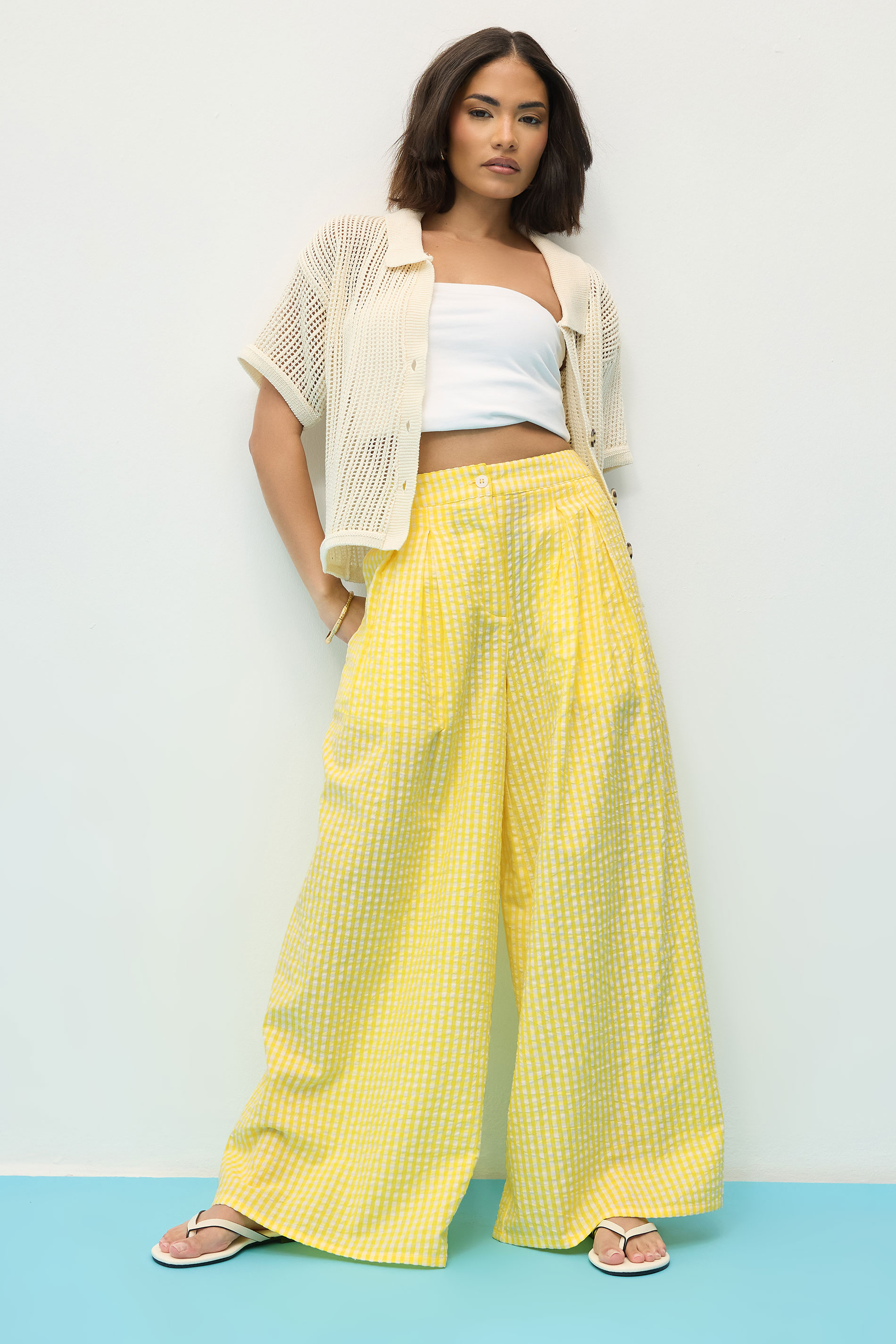 PixieGirl Petite Women's Yellow Cotton Gingham Palazzo Trousers | PixieGirl 2