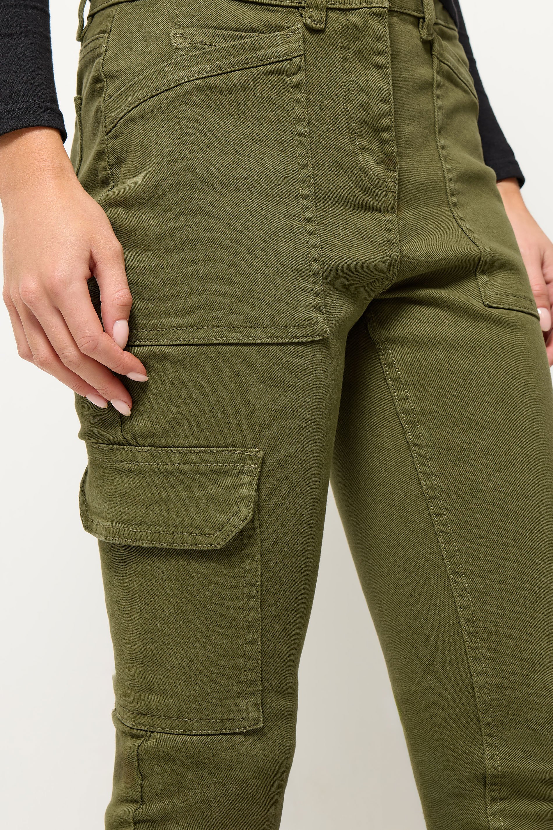 PixieGirl Petite Womens Khaki Green Pocket Detail Cargo Skinny Jeans | PixieGirl 4