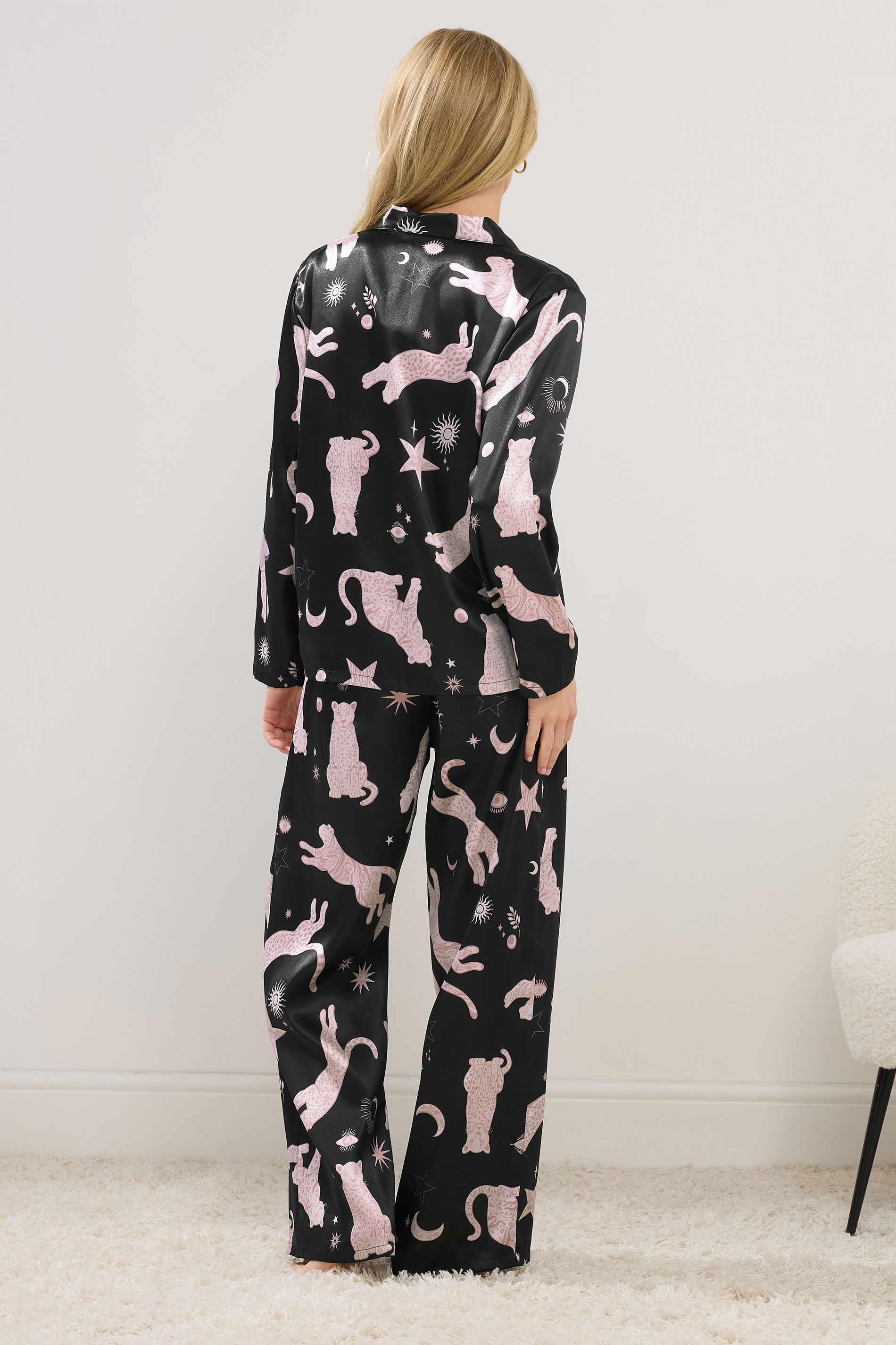 PixieGirl Petite Women's Black Graphic Satin Button Pyjama Set | PixieGirl 3