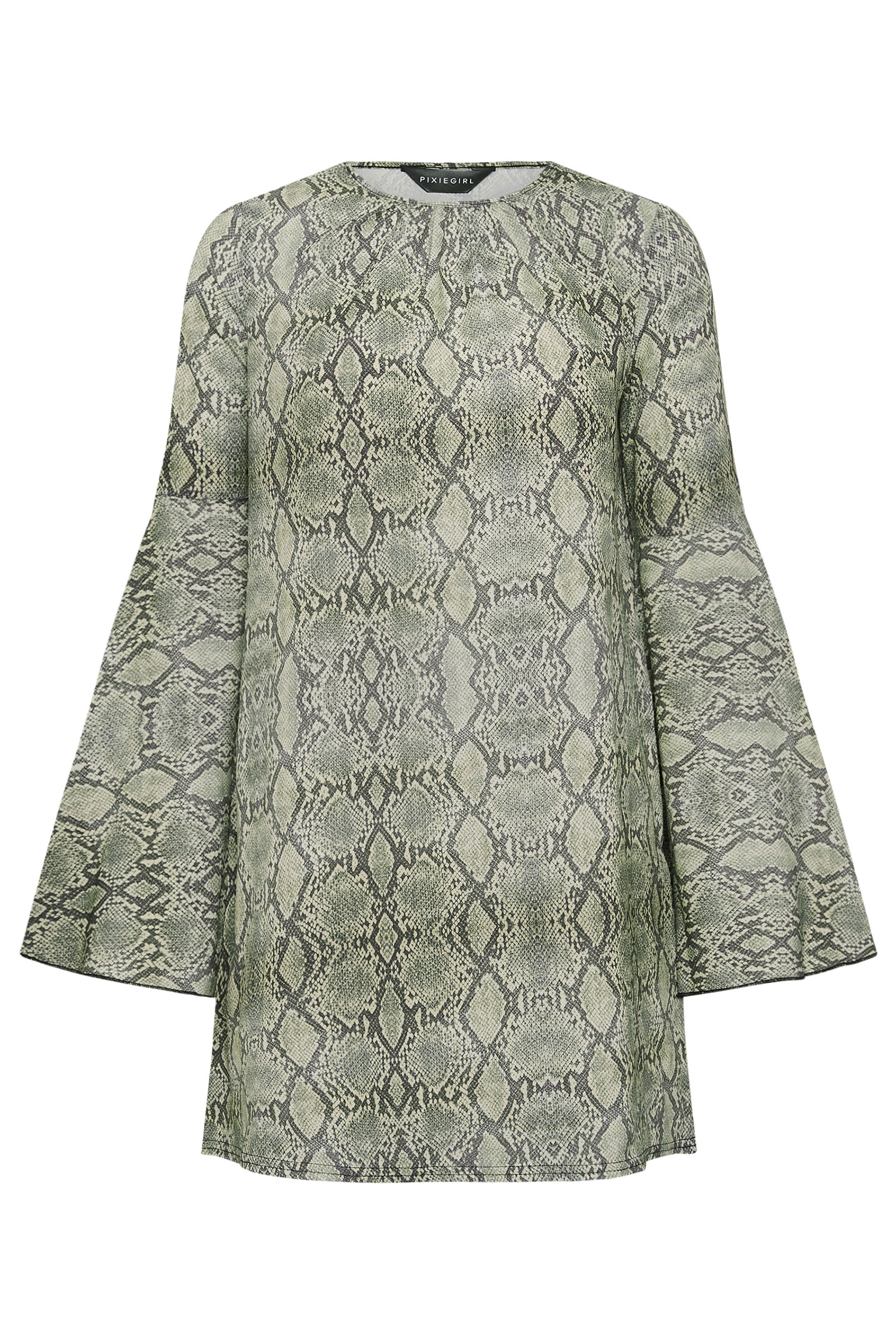 PixieGirl Petite Women's Grey Woven Snake Print Bell Sleeve Mini Dress | PixieGirl 5
