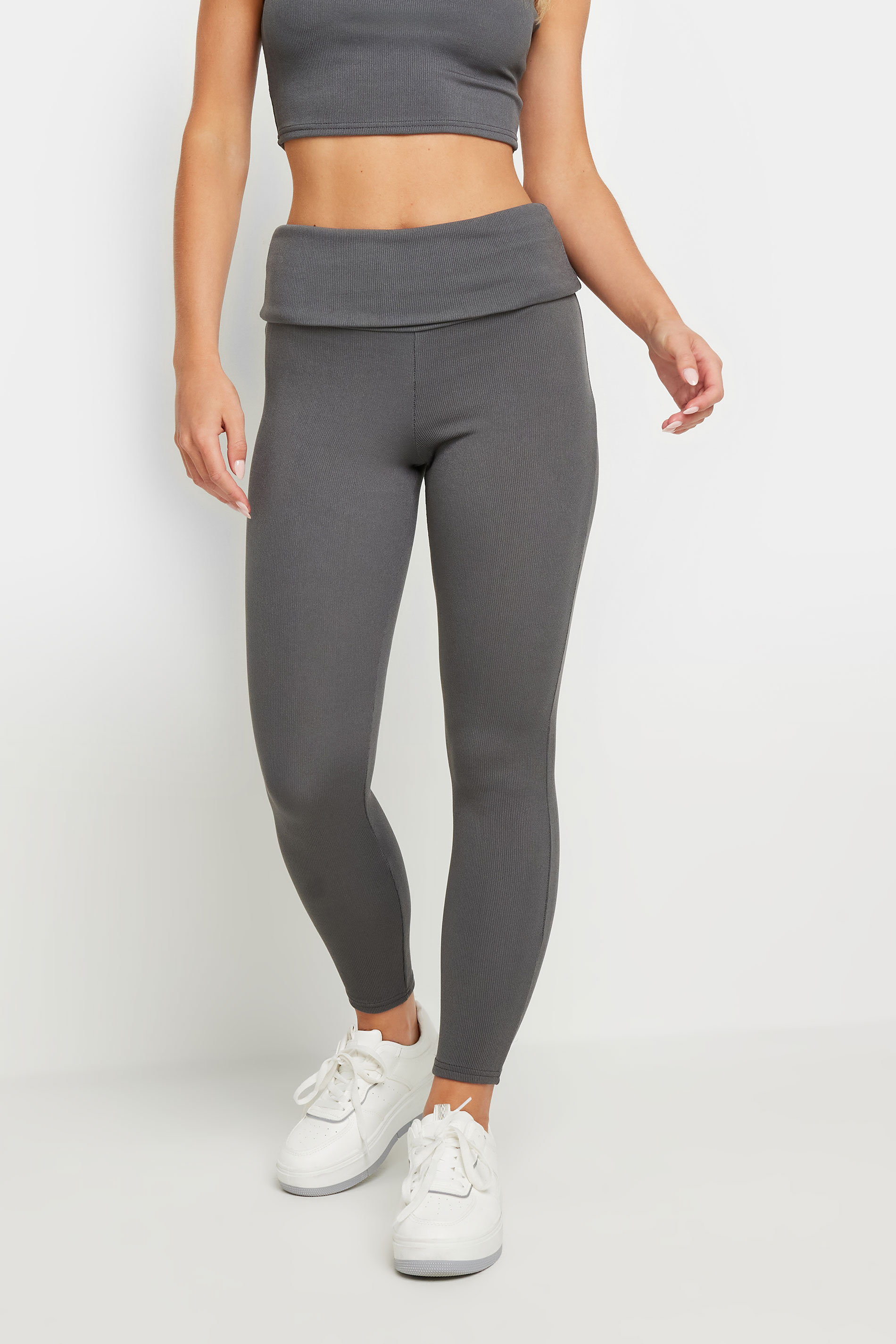 Petite Grey Fold Over Waistband Leggings | PixieGirl 2