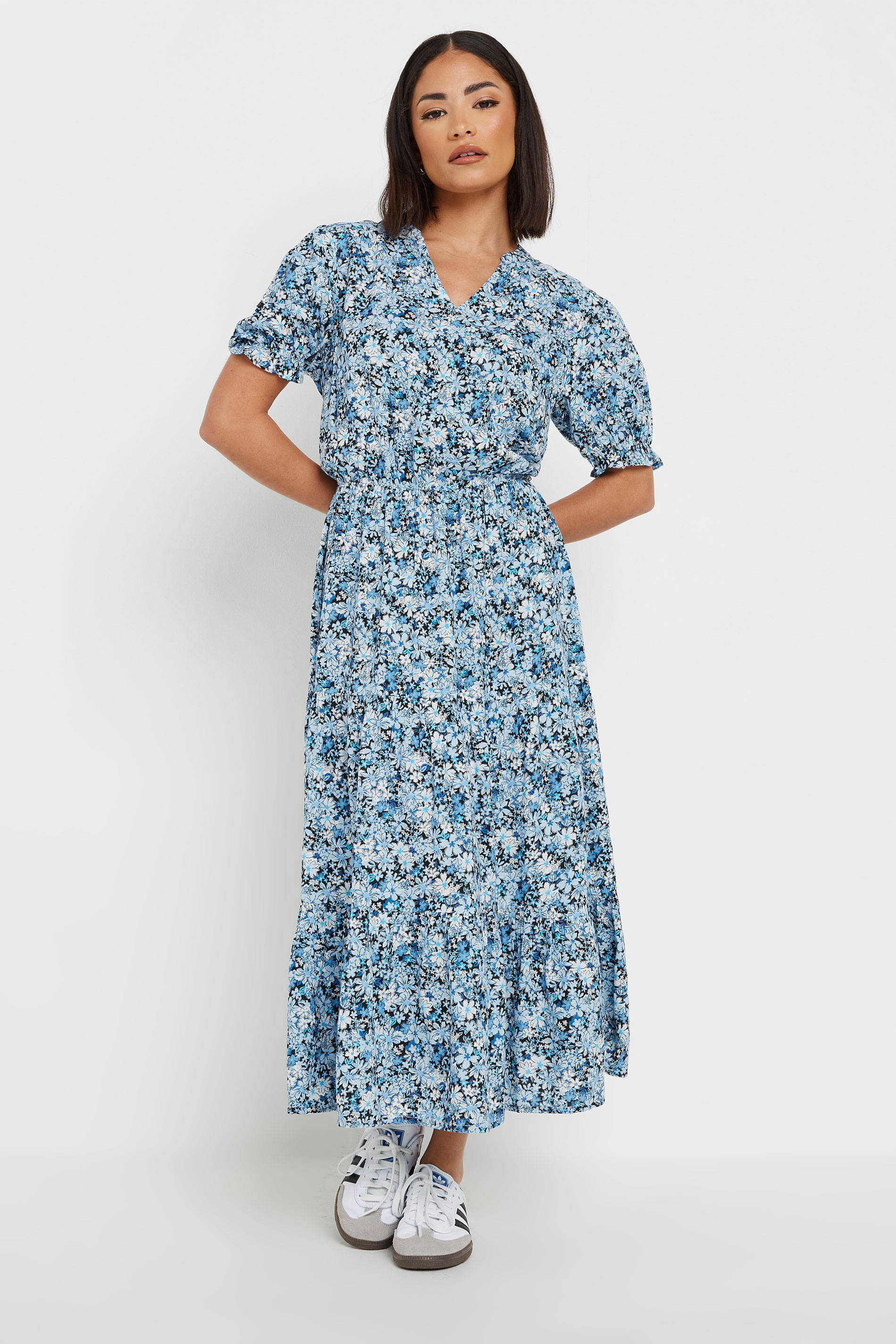 PixieGirl Petite Women's Blue Floral Print Tiered Smock Dress | PixieGirl 1