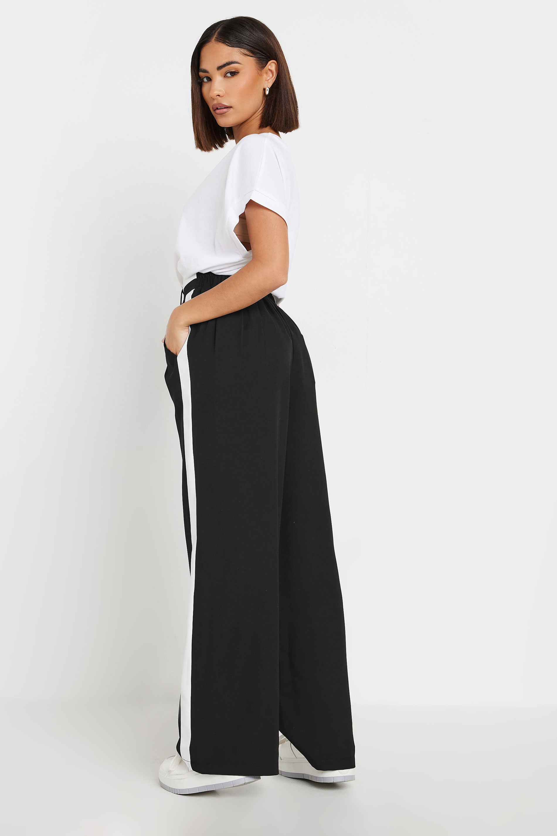 PixieGirl Petite Women's Black Side Stripe Contrast Waist Wide Leg Trousers | PixieGirl 3