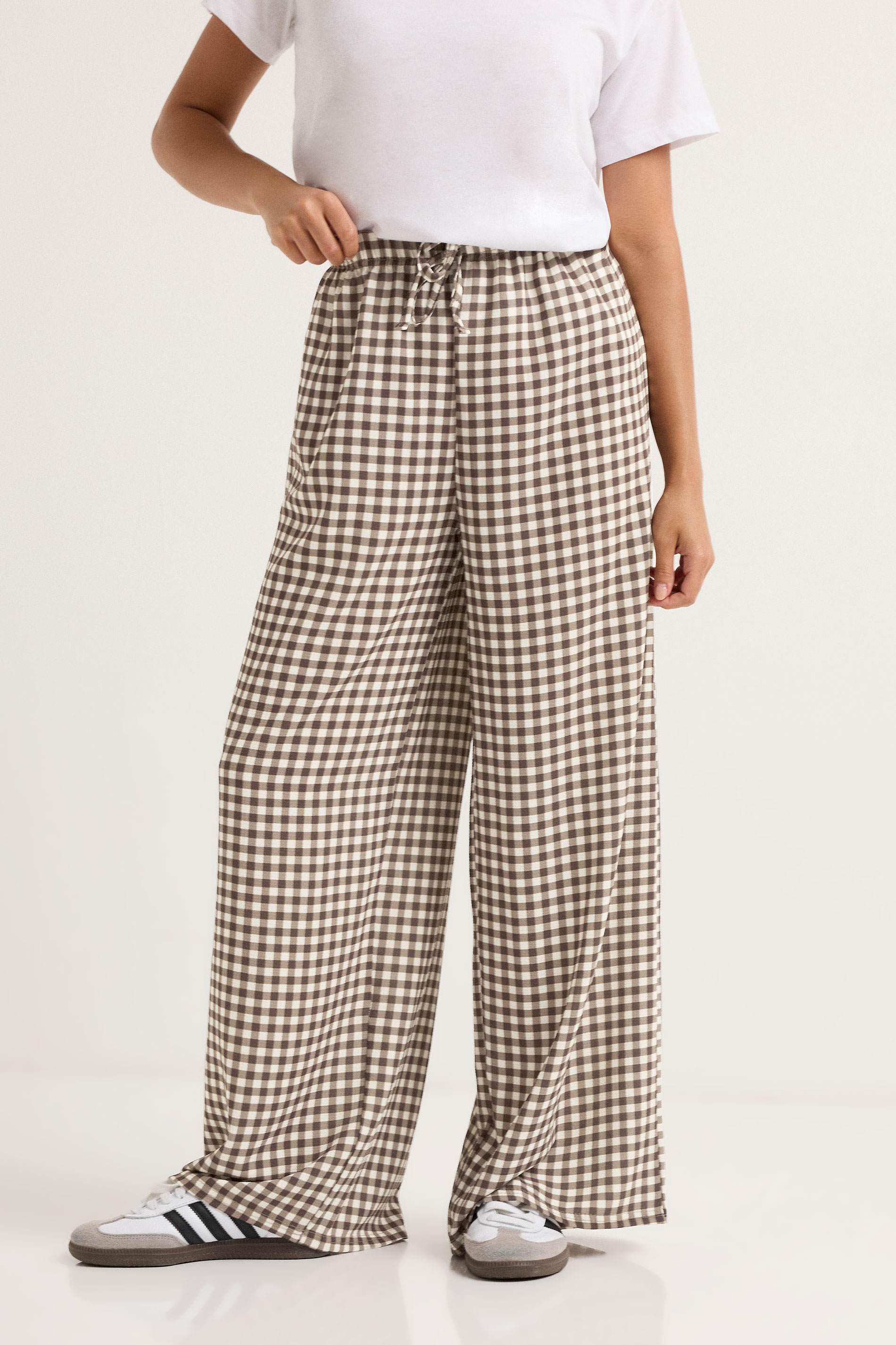 PixieGirl Petite Women's Brown Gingham Wide Leg Trousers | PixieGirl 2