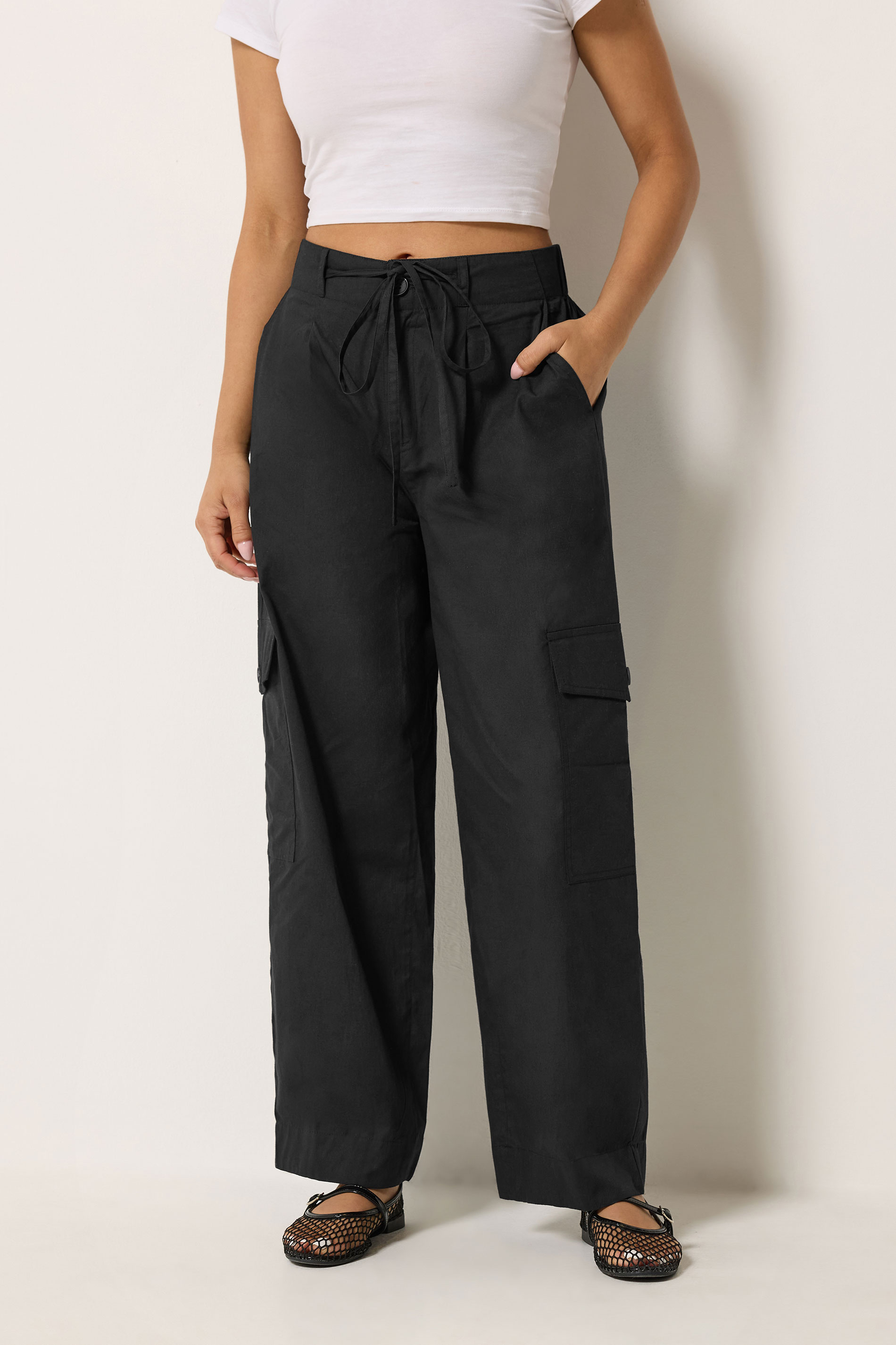 PixieGirl Petite Women's Black Poplin Cotton Cargo Barrel Leg Trousers | PixieGirl 1