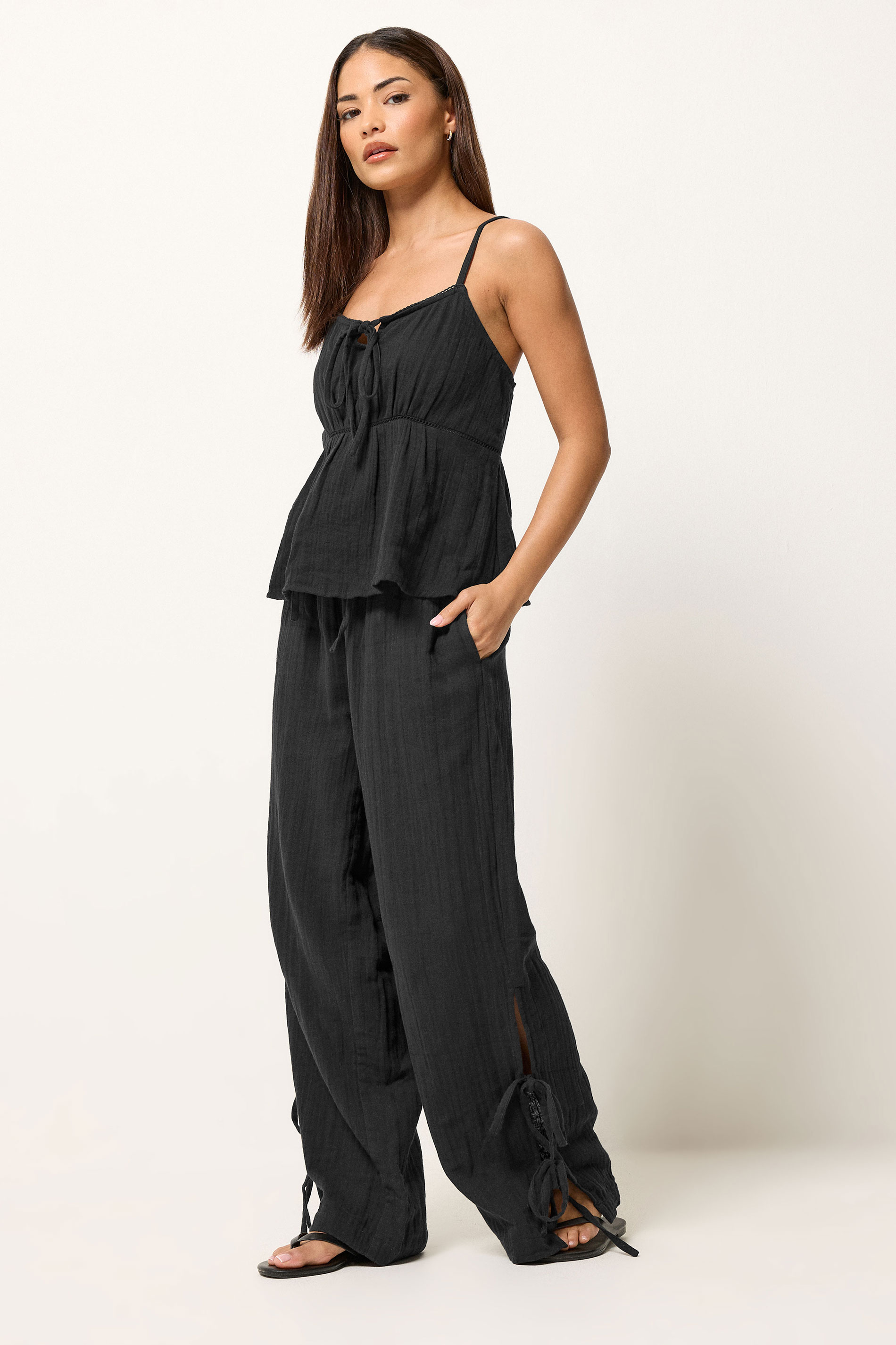 PixieGirl Petite Women's Set Black Cotton Cheesecloth Top & Trousers | PixieGirl 3