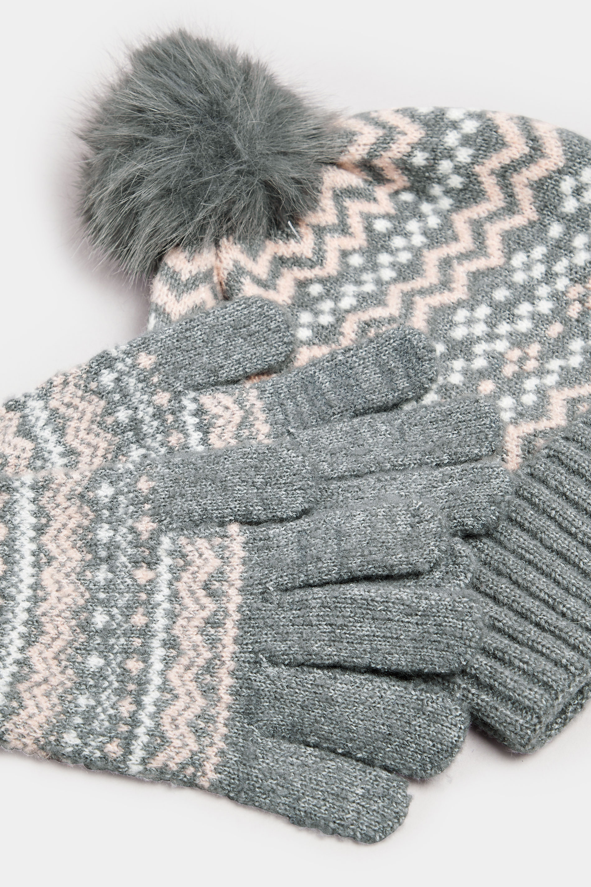 Grey Fairisle Bobble Hat & Glove Set | Yours Clothing  5