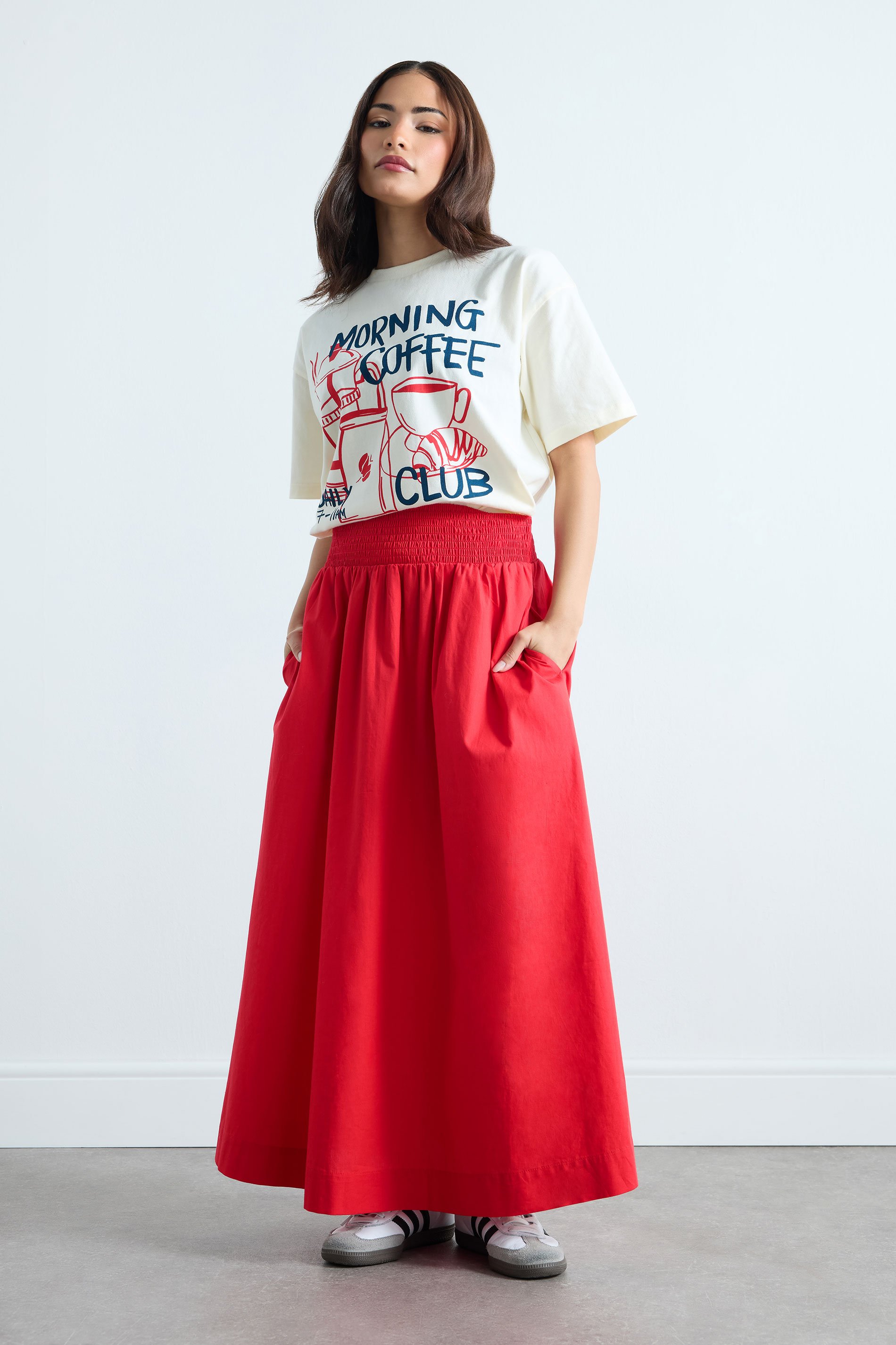 PixieGirl Petite Women's Red Shirred Poplin Maxi Skirt | PixieGirl 1