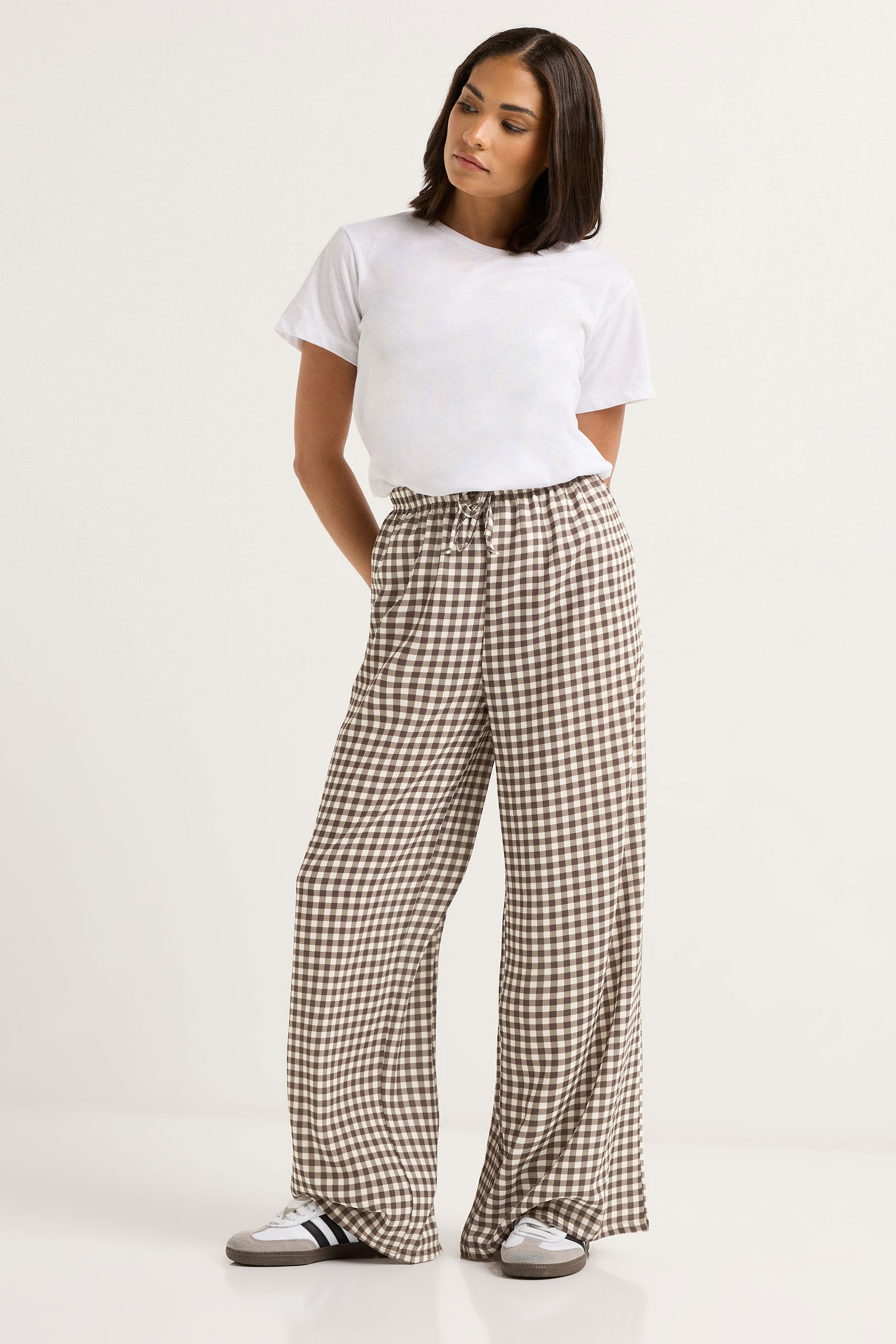 PixieGirl Petite Women's Brown Gingham Wide Leg Trousers | PixieGirl 1