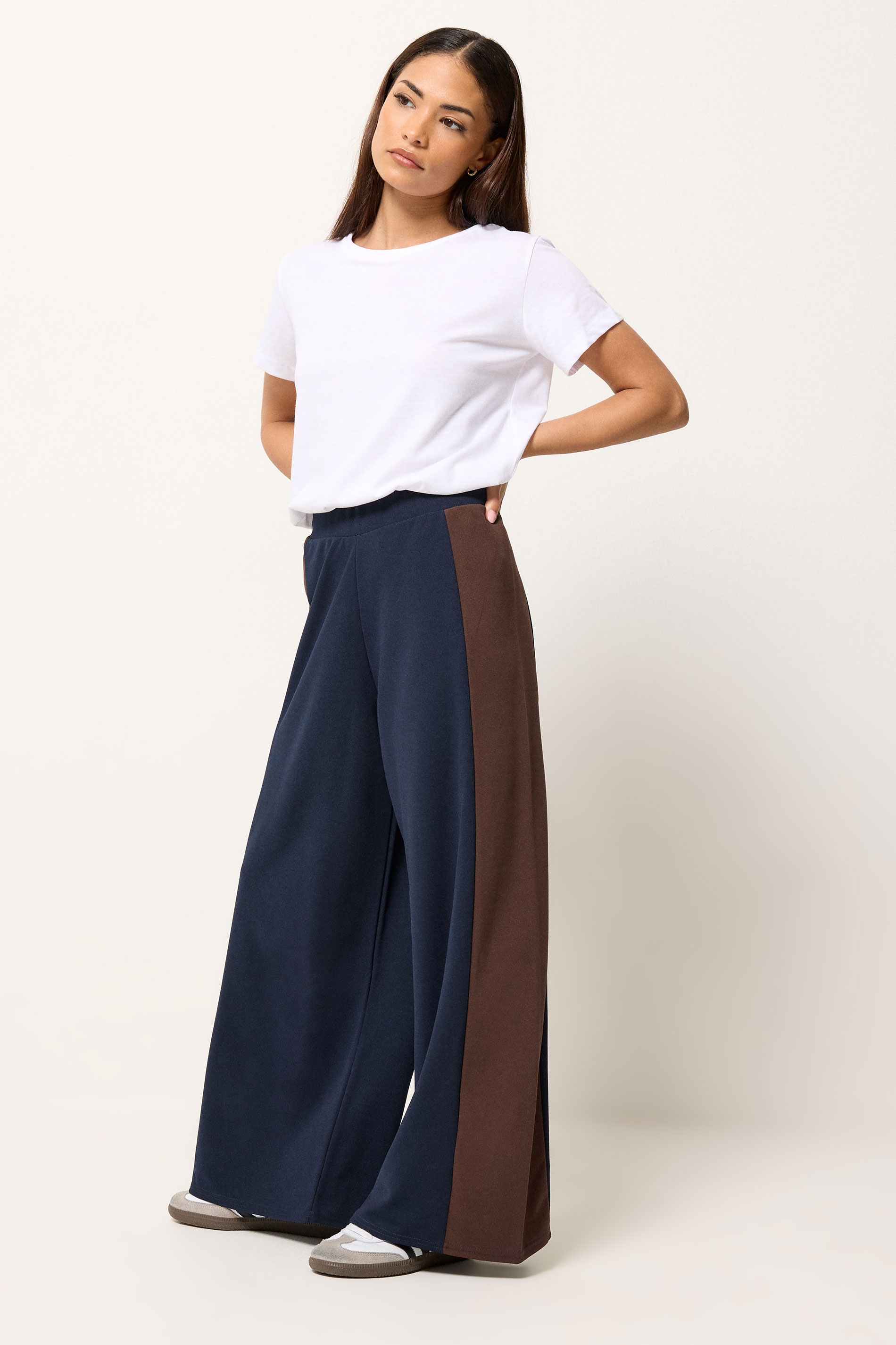 PixieGirl Petite Women's Navy Blue Side Panel Wide Leg Trousers | PixieGirl 3
