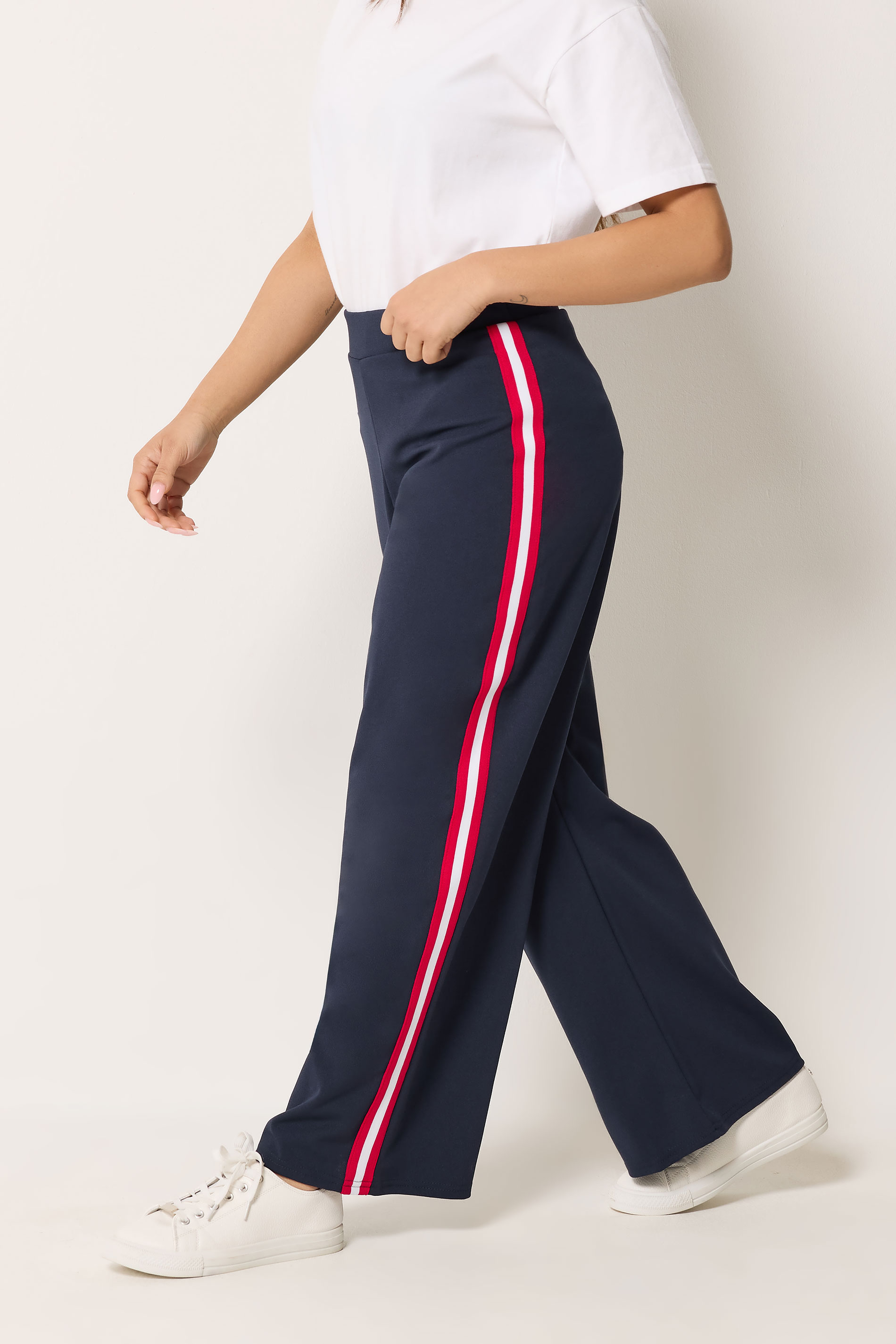 M&Co Petite Navy Blue Side Stripe Wide Leg Trousers | M&Co 1
