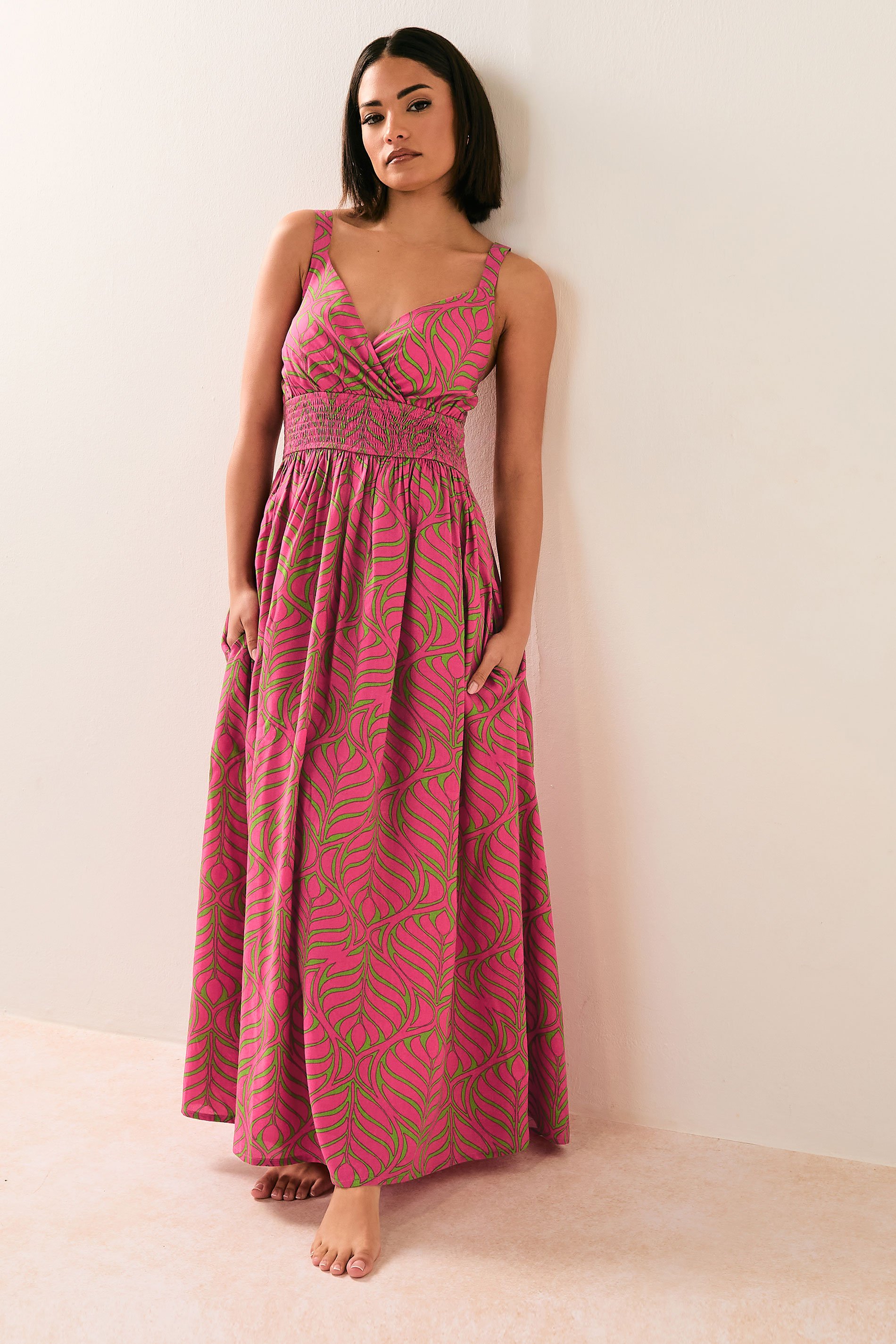 PixieGirl Petite Women's Pink Tropical Palm Wrap Maxi Dress | PixieGirl 1