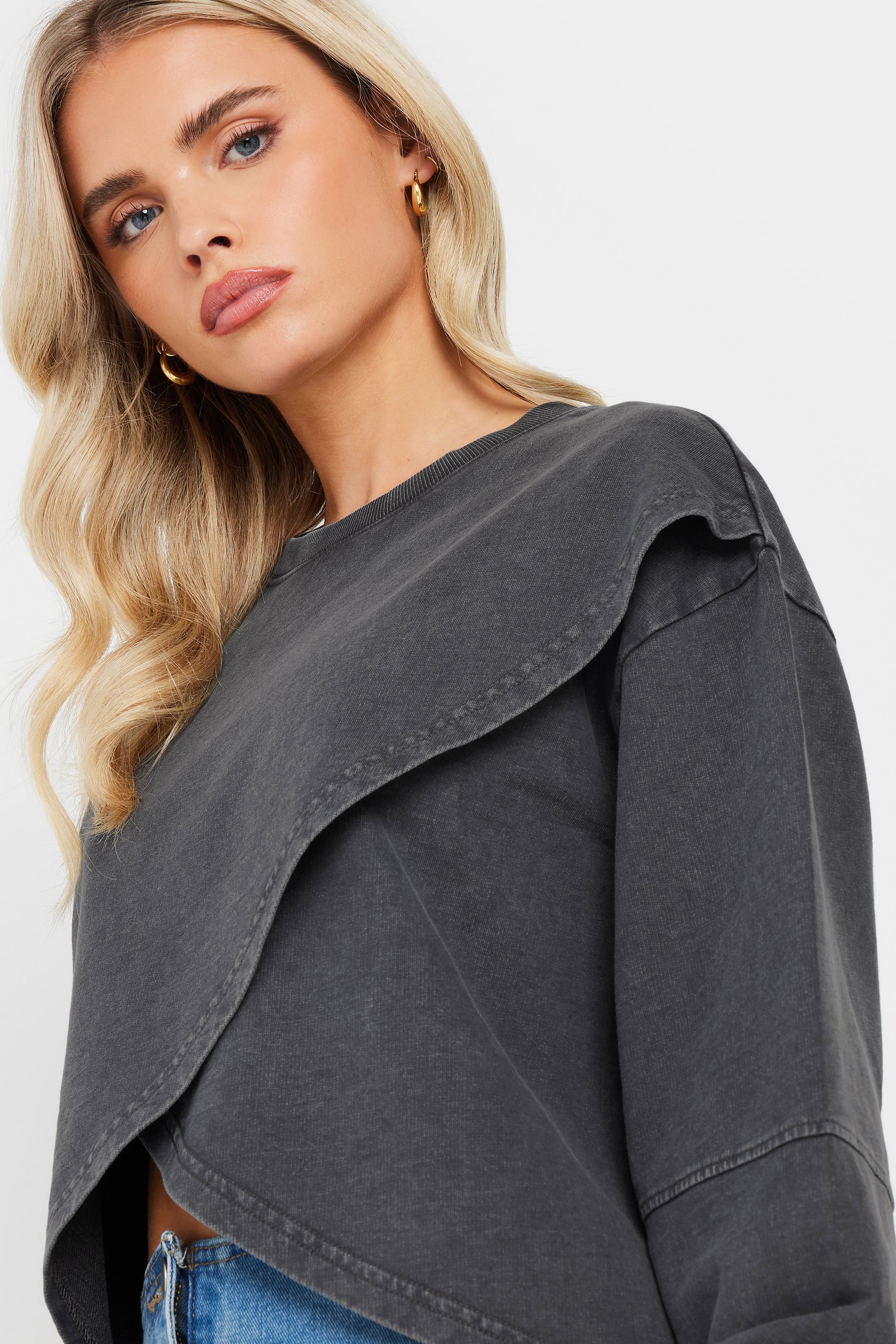 PixieGirl Petite Women's Grey Acid Wash Cross Over Sweatshirt | PixieGirl 4