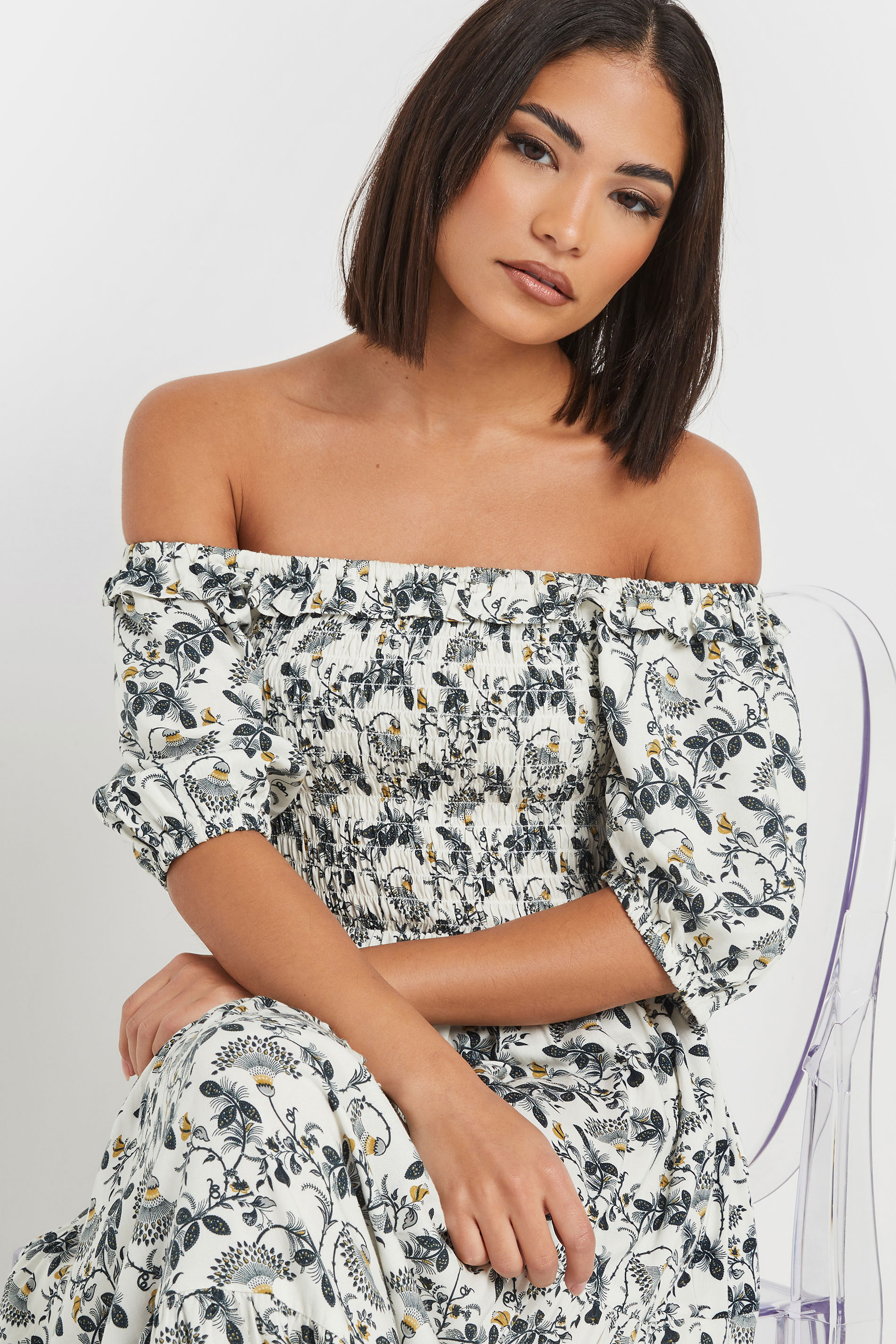 PixieGirl Petite Women's White Paisley Floral Tiered Bardot Dress | PixieGirl 4