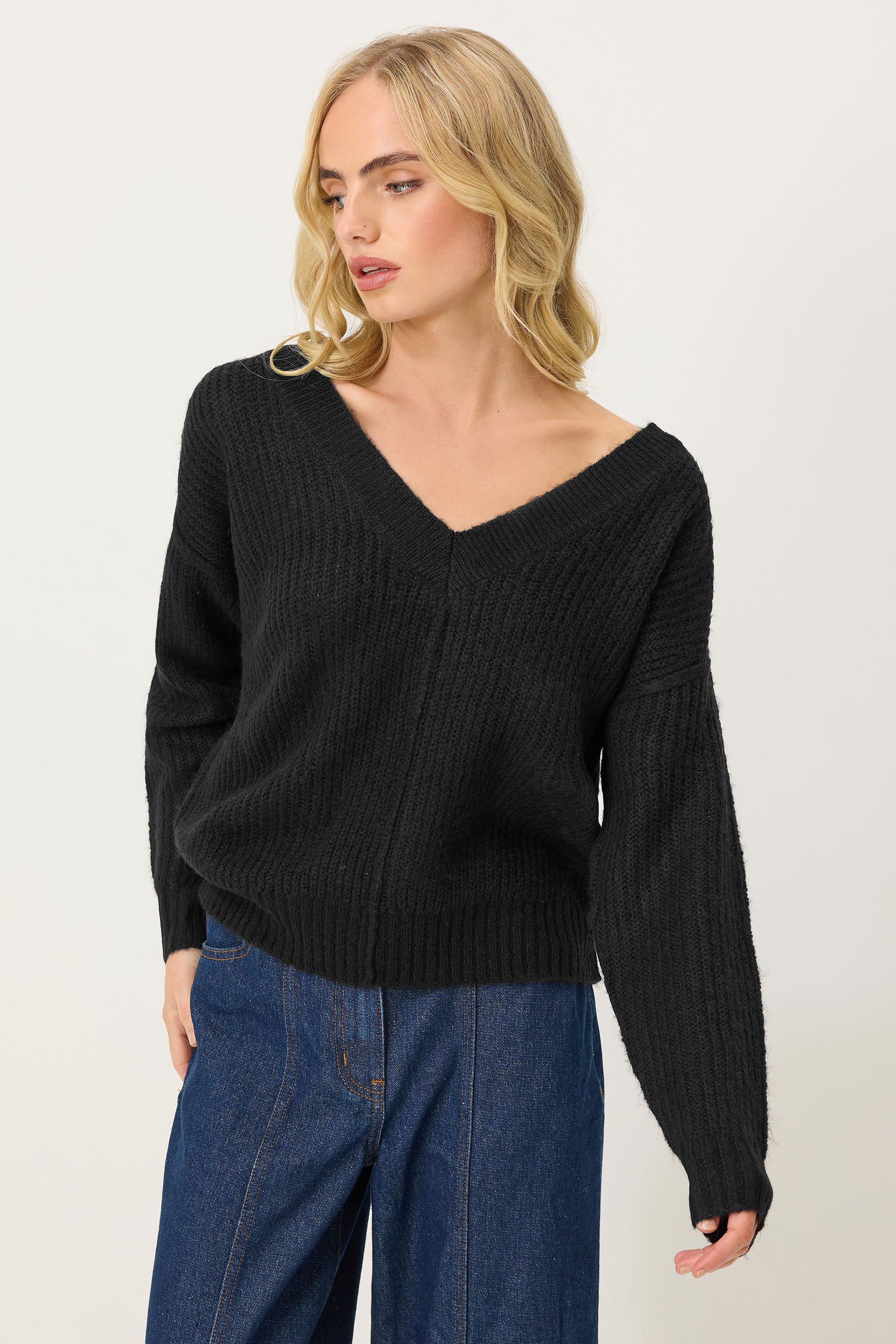 PixieGirl Petite Women's Black Knitted V-Neck Jumper | PixieGirl 1