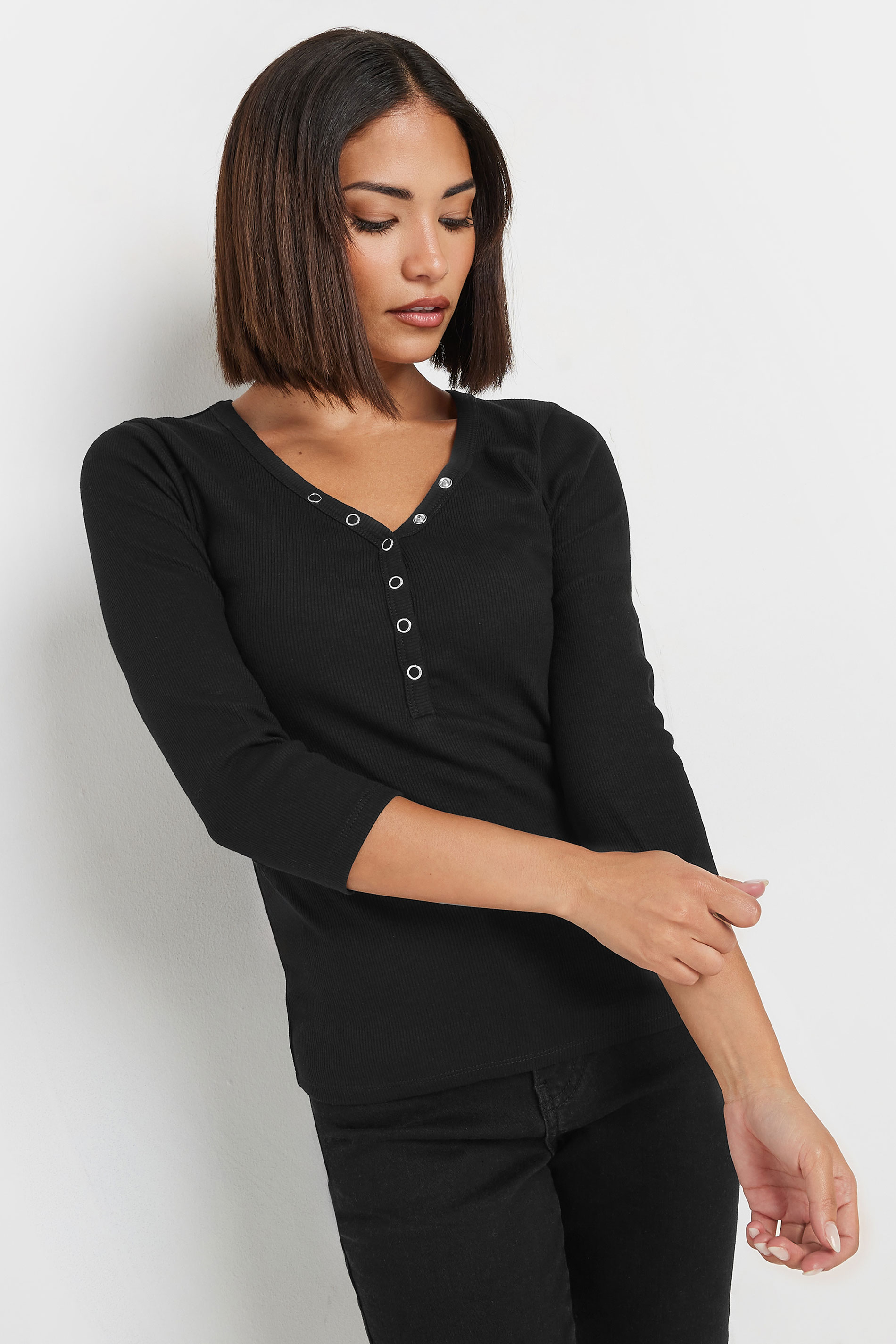 PixieGirl Petite Women's Black Button Henley Top | PixieGirl 1