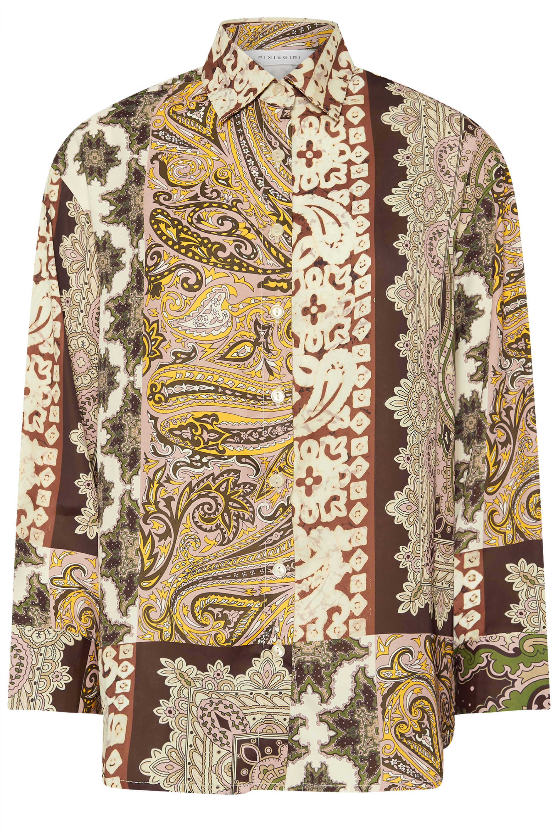PixieGirl Petite Women's Beige Brown Patchwork Print Shirt | PixieGirl 6