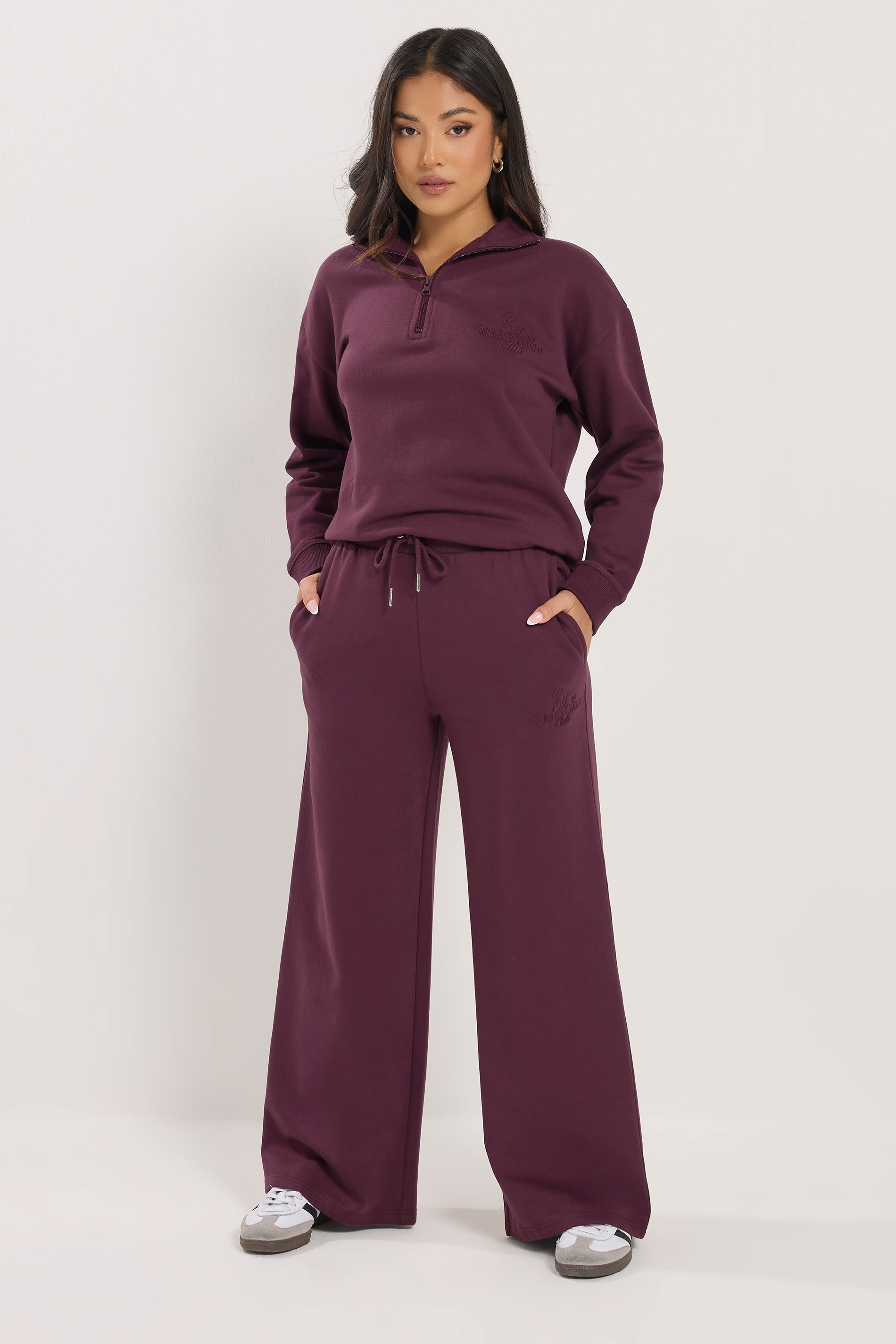 PixieGirl Petite Women's Burgundy Red 'Monte Carlo' Slogan Wide Leg Joggers | PixieGirl 1