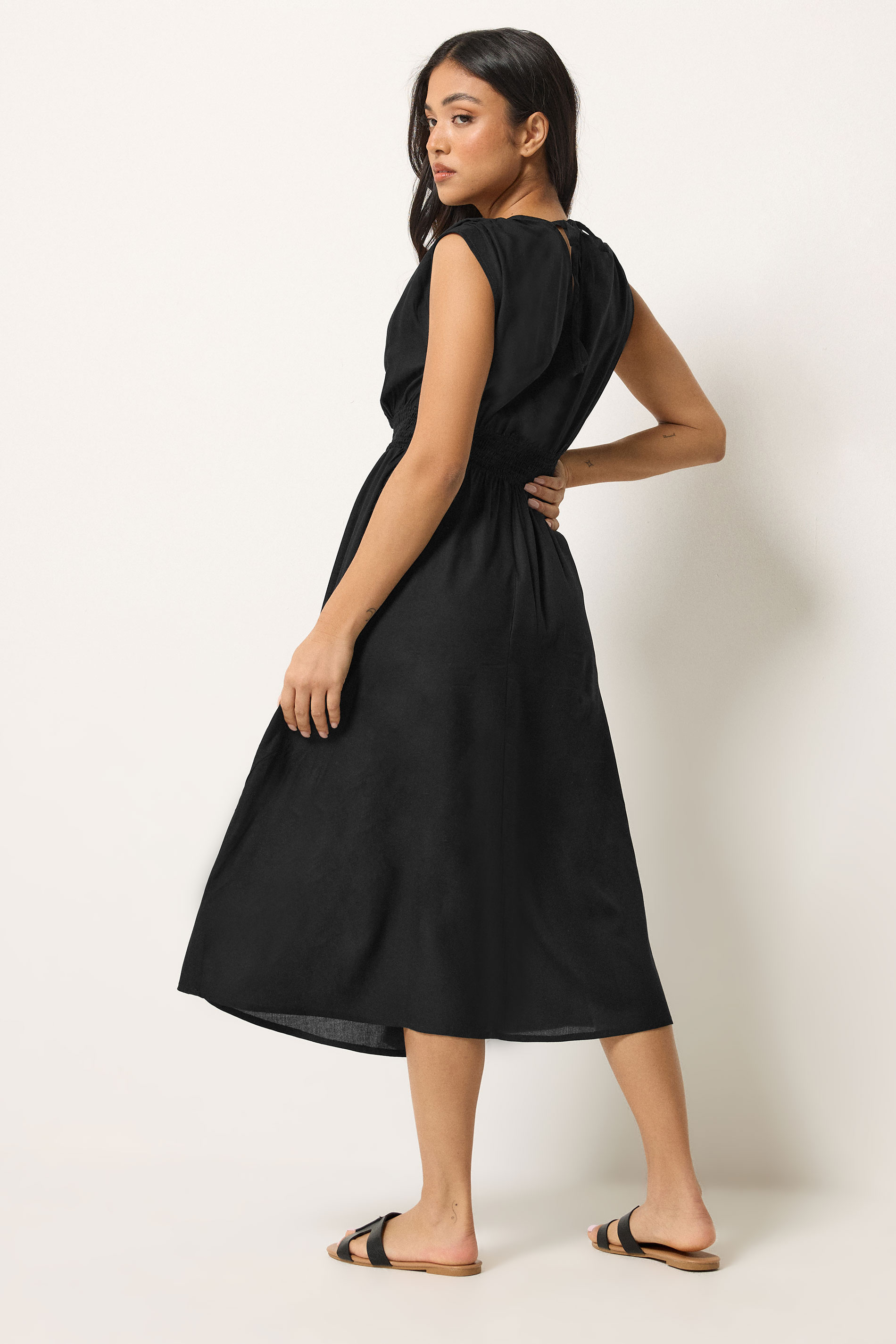 PixieGirl Petite Women's Black Shirred Waist Midi Dress | PixieGirl 2