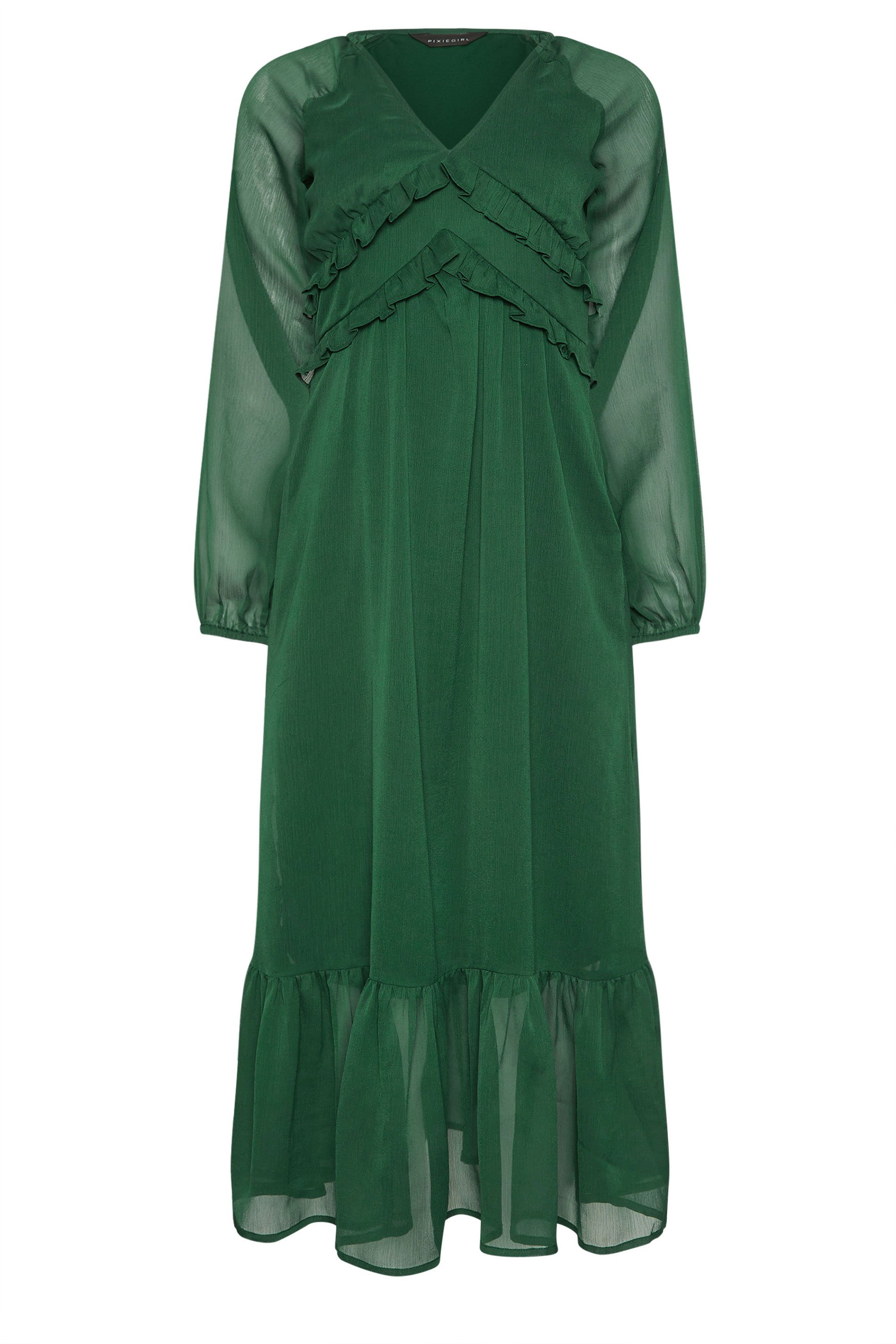 PixieGirl Petite Women's Green Chiffon Frill Midaxi Dress | PixieGirl 5