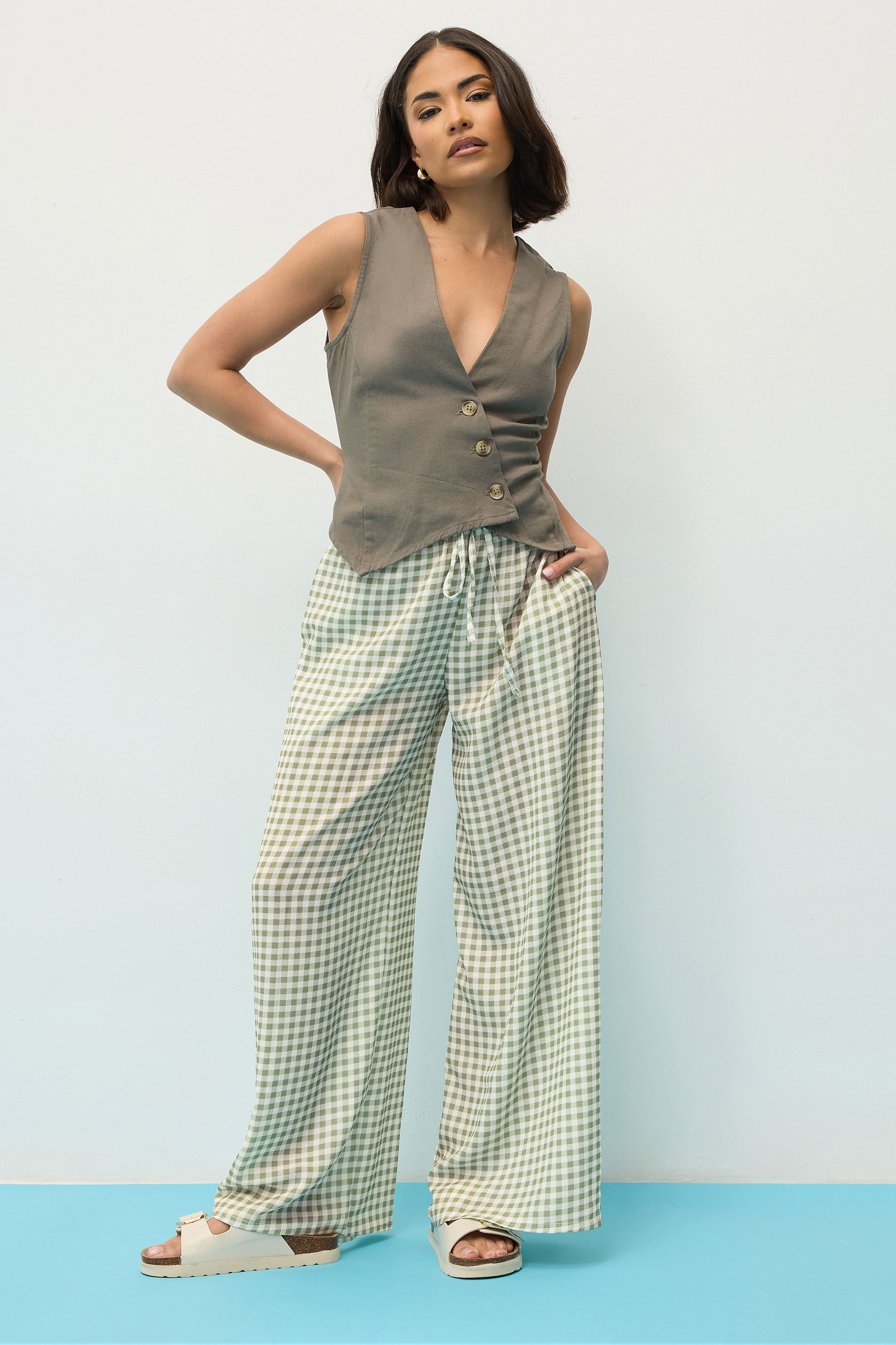 PixieGirl Petite Women's Sage Green Gingham Wide Leg Trousers | PixieGirl 3