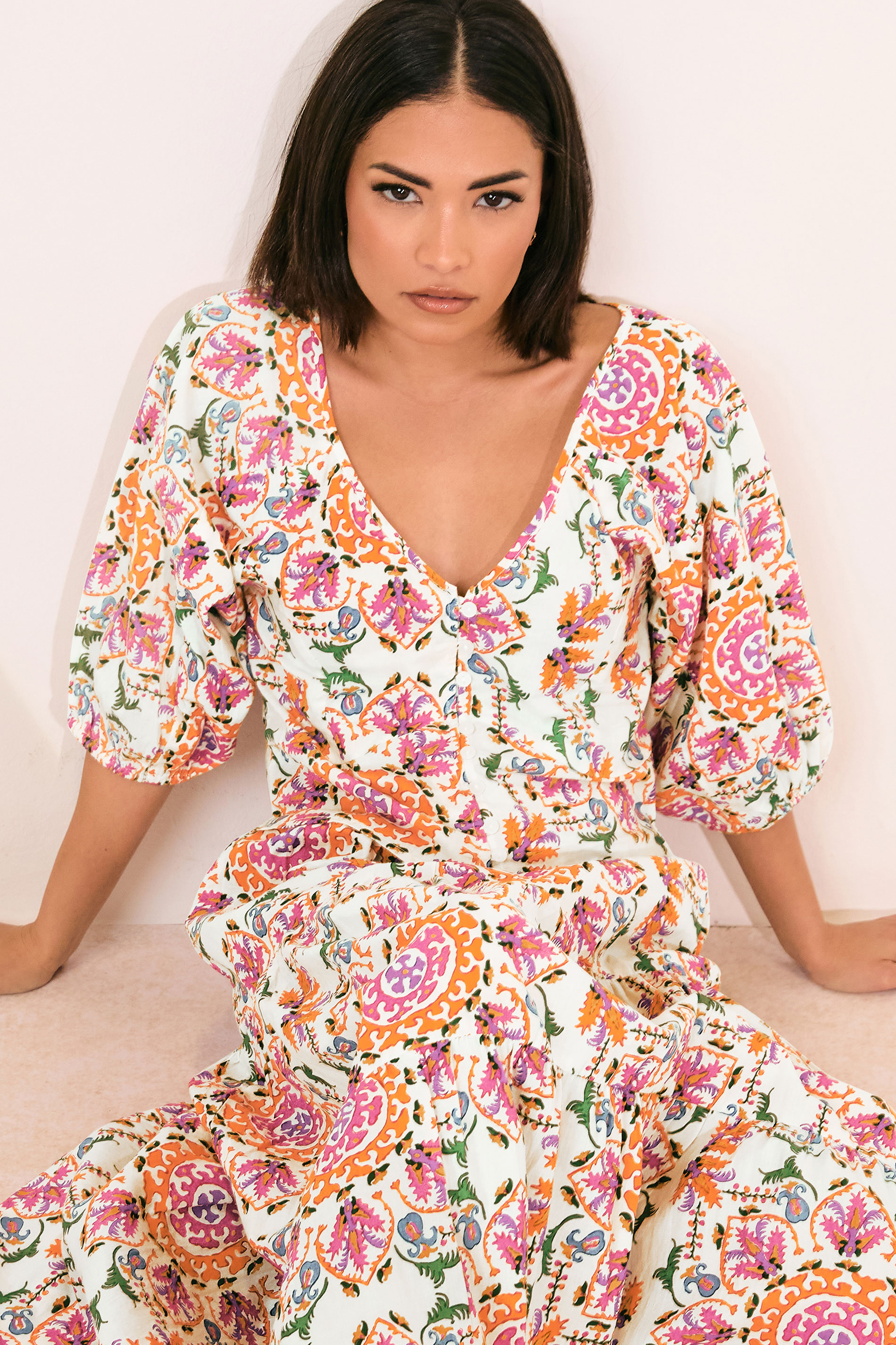 PixieGirl Petite Women's White Abstract Tile Puff Sleeve Top | PixieGirl 5