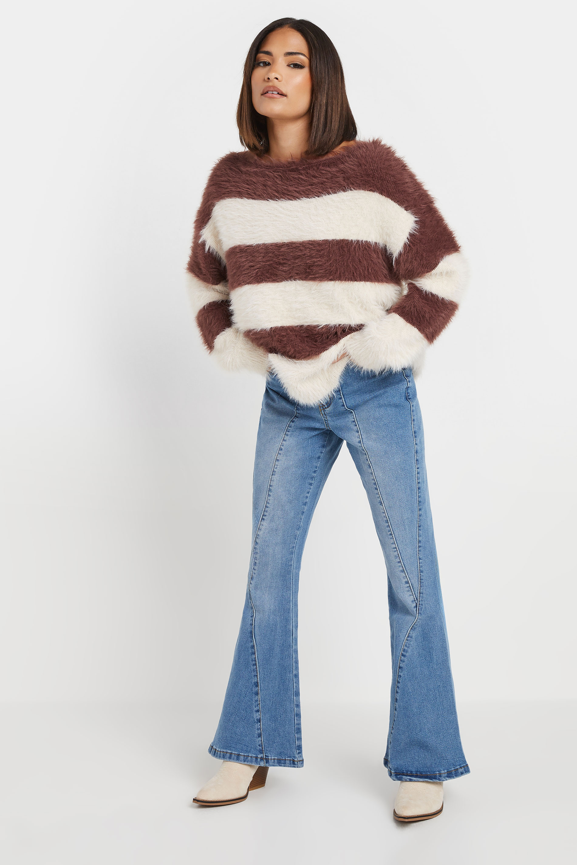 PixieGirl Petite Women's Brown Stripe Fluffy Knitted Jumper | PixieGirl 2