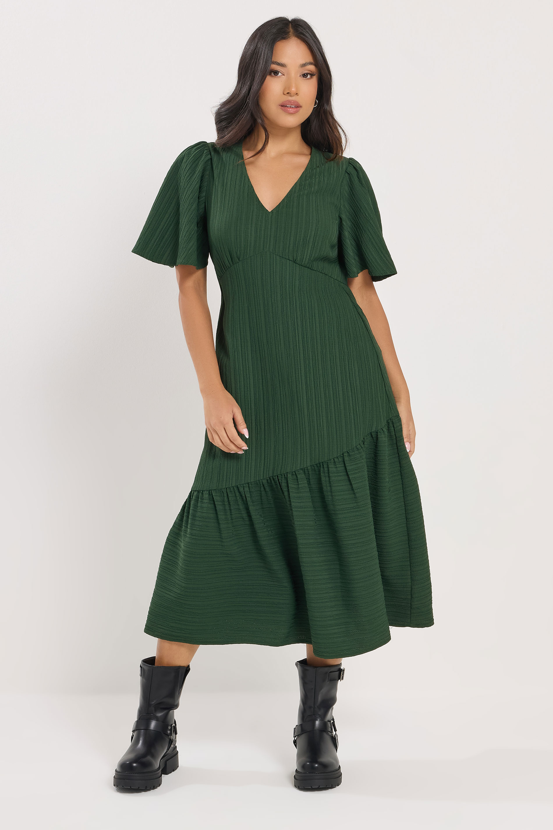 PixieGirl Petite Women's Dark Green Crinkle Tiered Midi Dress | PixieGirl 1