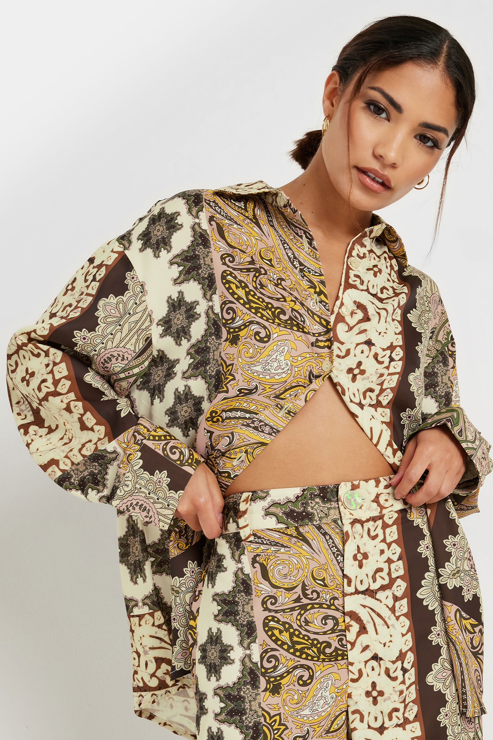 PixieGirl Petite Women's Beige Brown Patchwork Print Shirt | PixieGirl 1