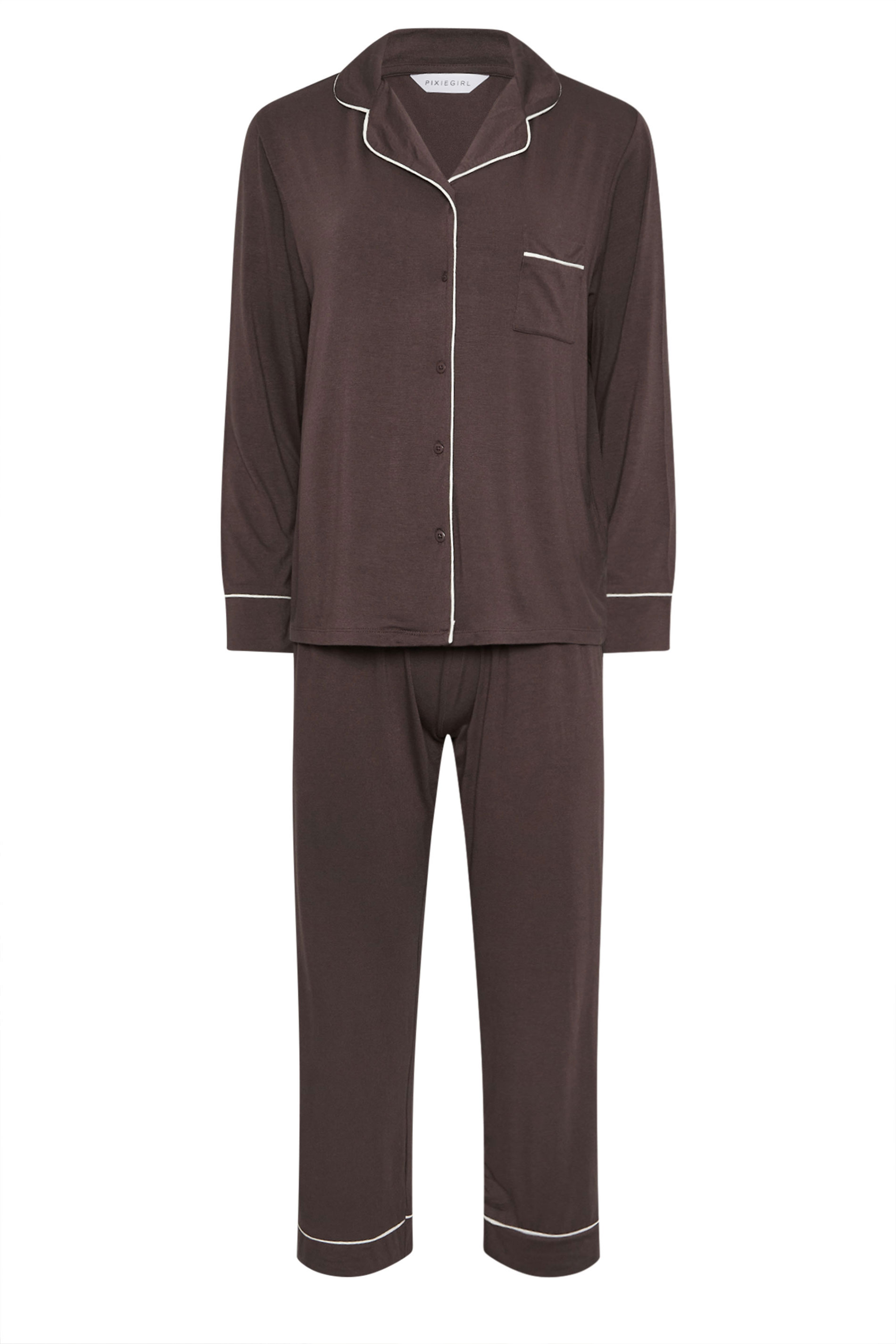 PixieGirl Petite Women's Brown Piped Long Sleeve Jersey Pyjama Set | PixieGirl 5