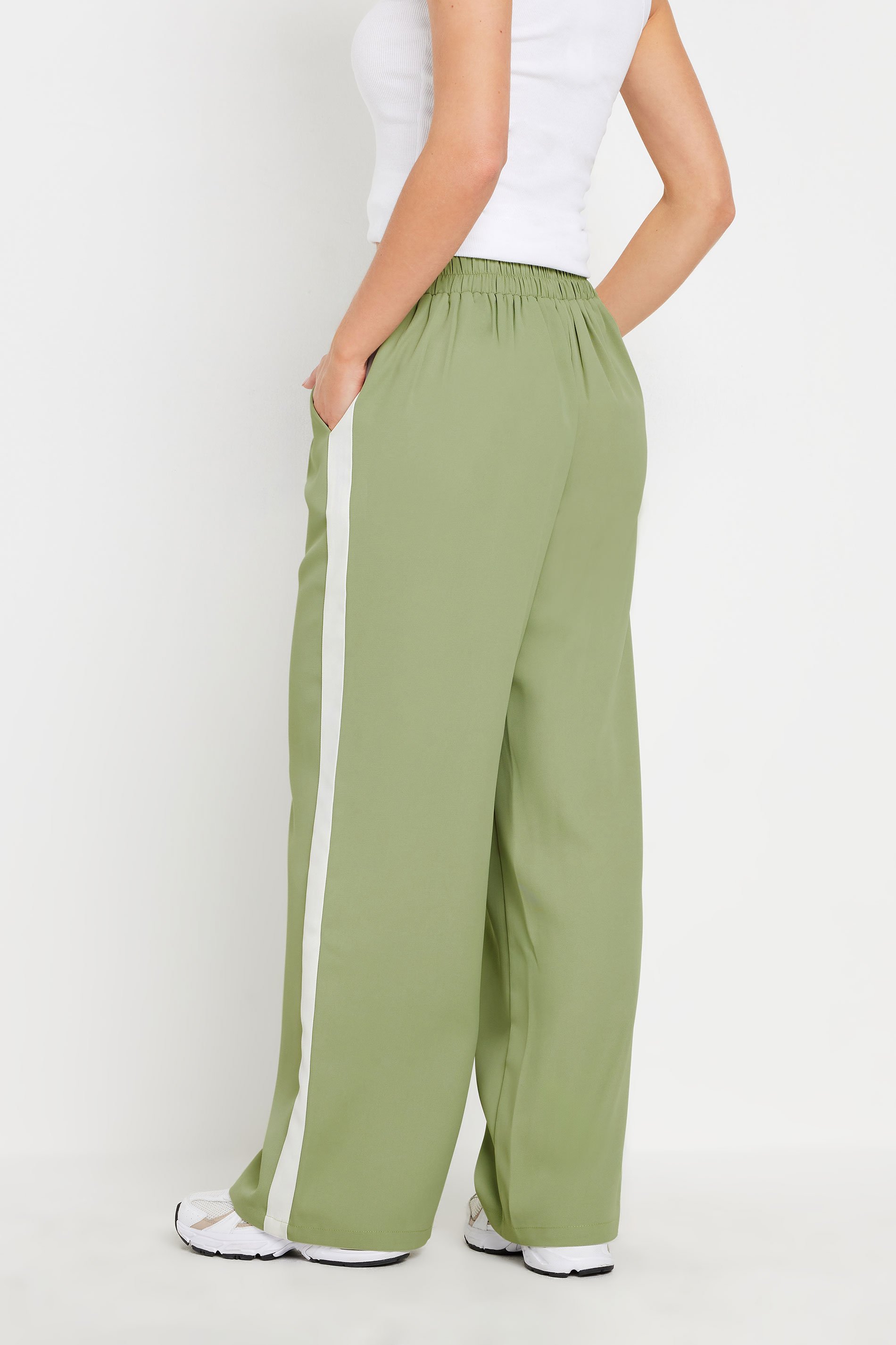 PixieGirl Petite Women's Sage Green Contrast Side Stripe Wide Leg Trousers | PixieGirl 4