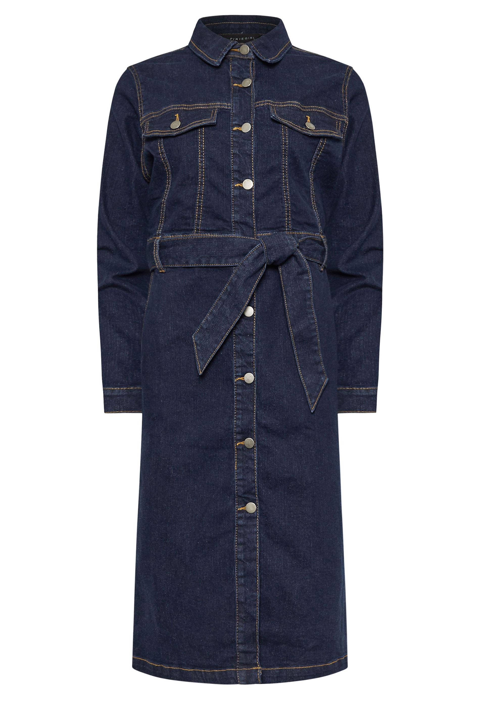 PixieGirl Petite Women's Indigo Blue Denim Tie Waist Midi Dress | PixieGirl 5