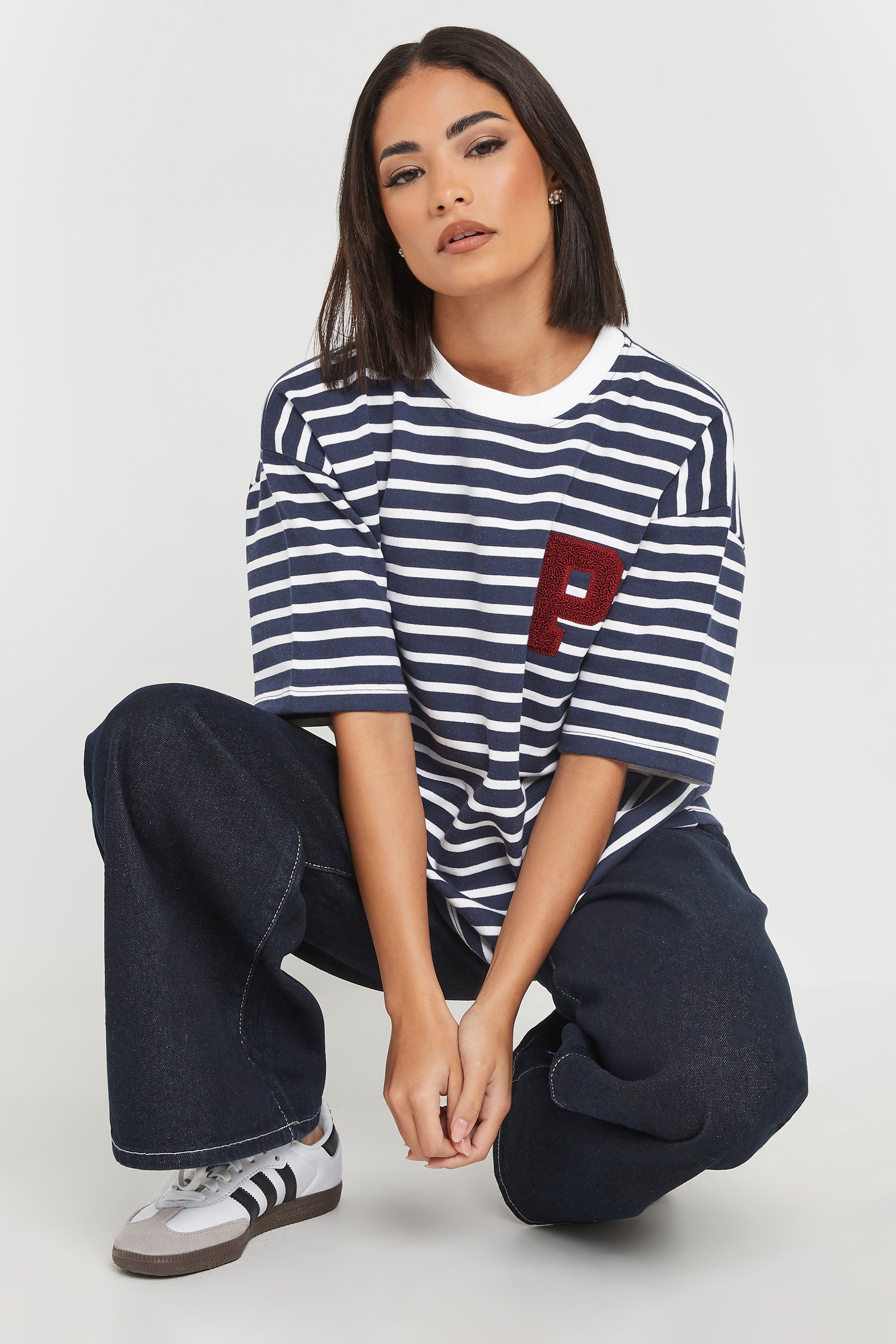 PixieGirl Petite Women's Navy Blue Stripe Applique Initial Sweatshirt | PixieGirl 4