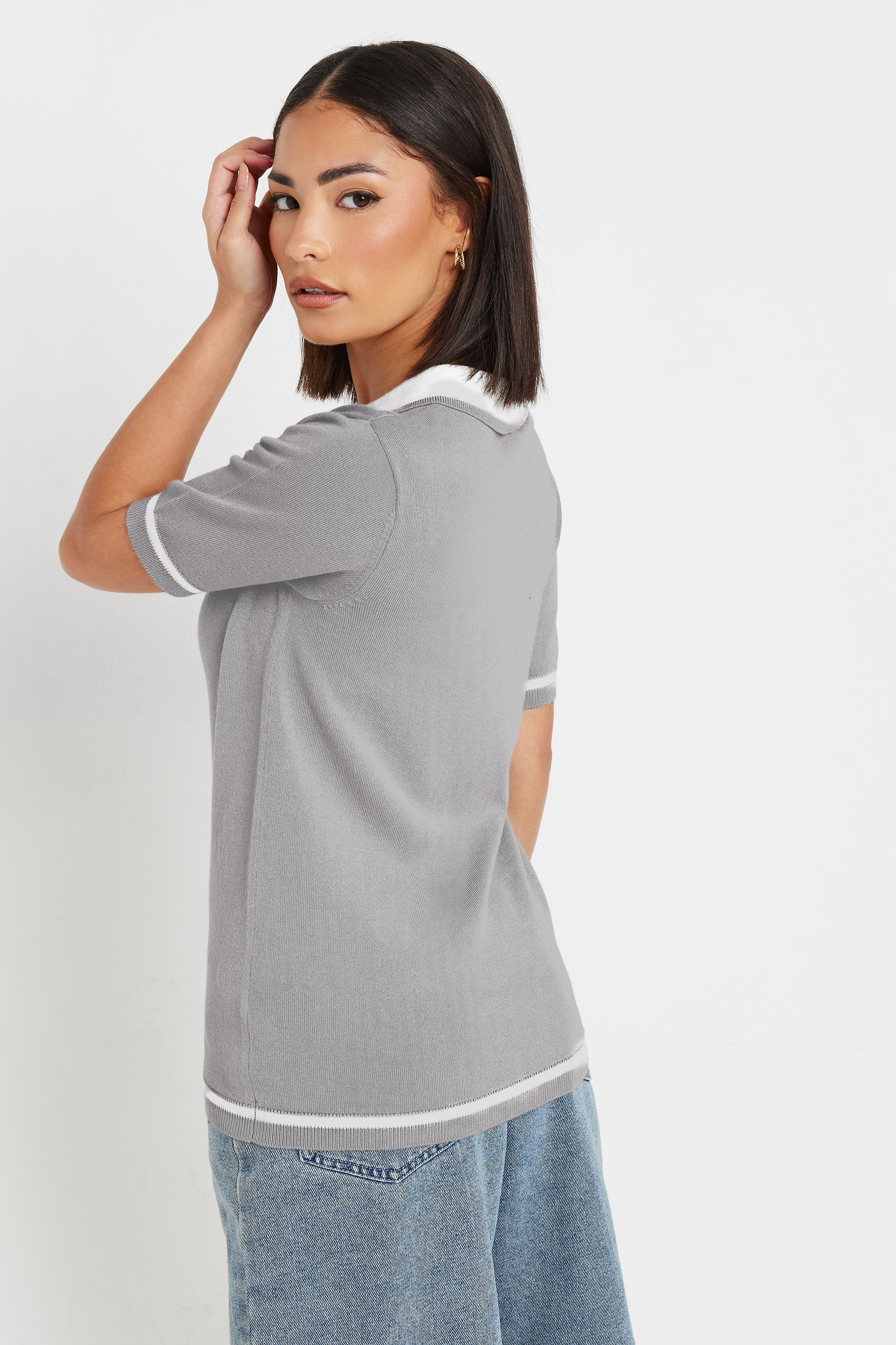 PixieGirl Petite Women's Grey Knit Contrast Polo Shirt | PixieGirl 4