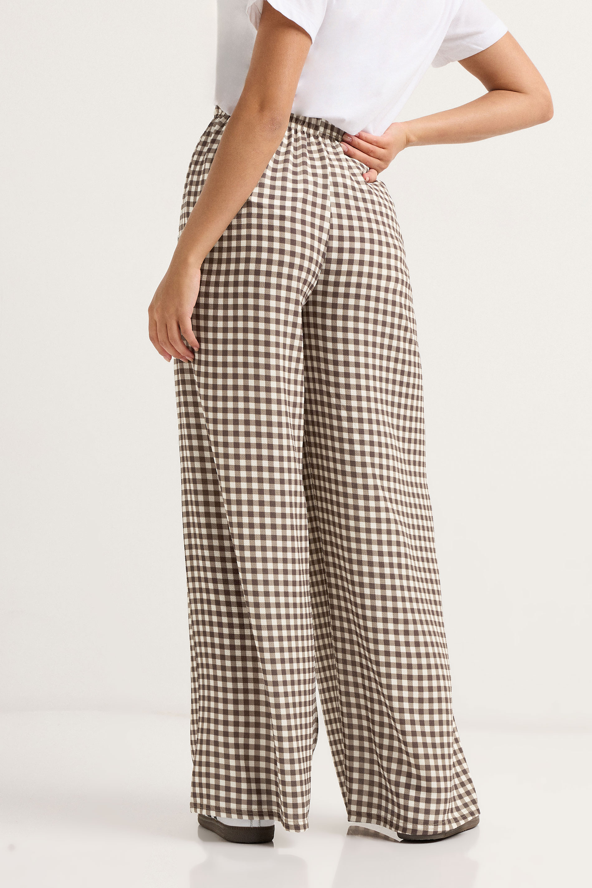 PixieGirl Petite Women's Brown Gingham Wide Leg Trousers | PixieGirl 3
