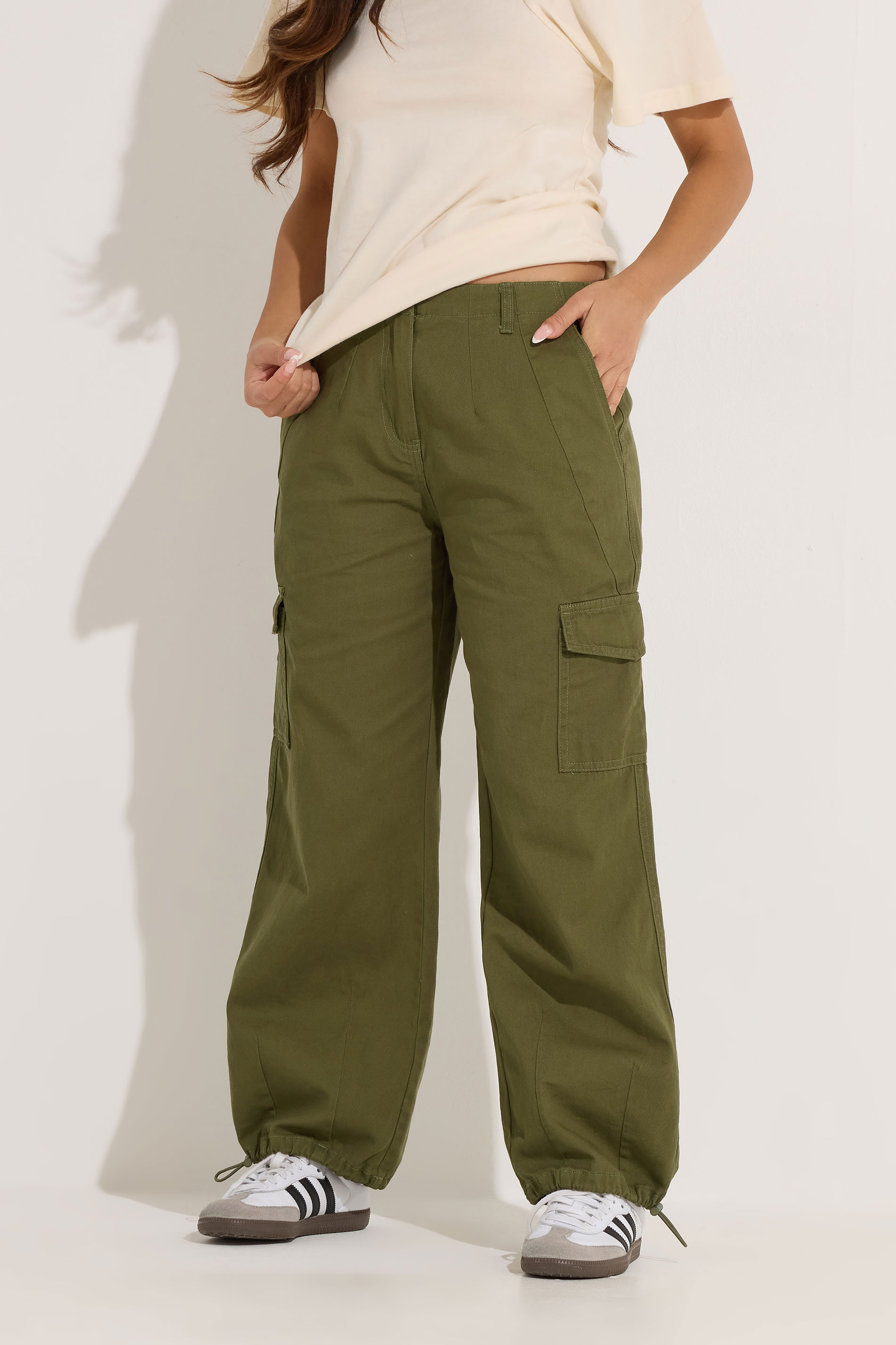 PixieGirl Petite Women's Khaki Green Cuffed Cotton Cargo Trousers | PixieGirl 1
