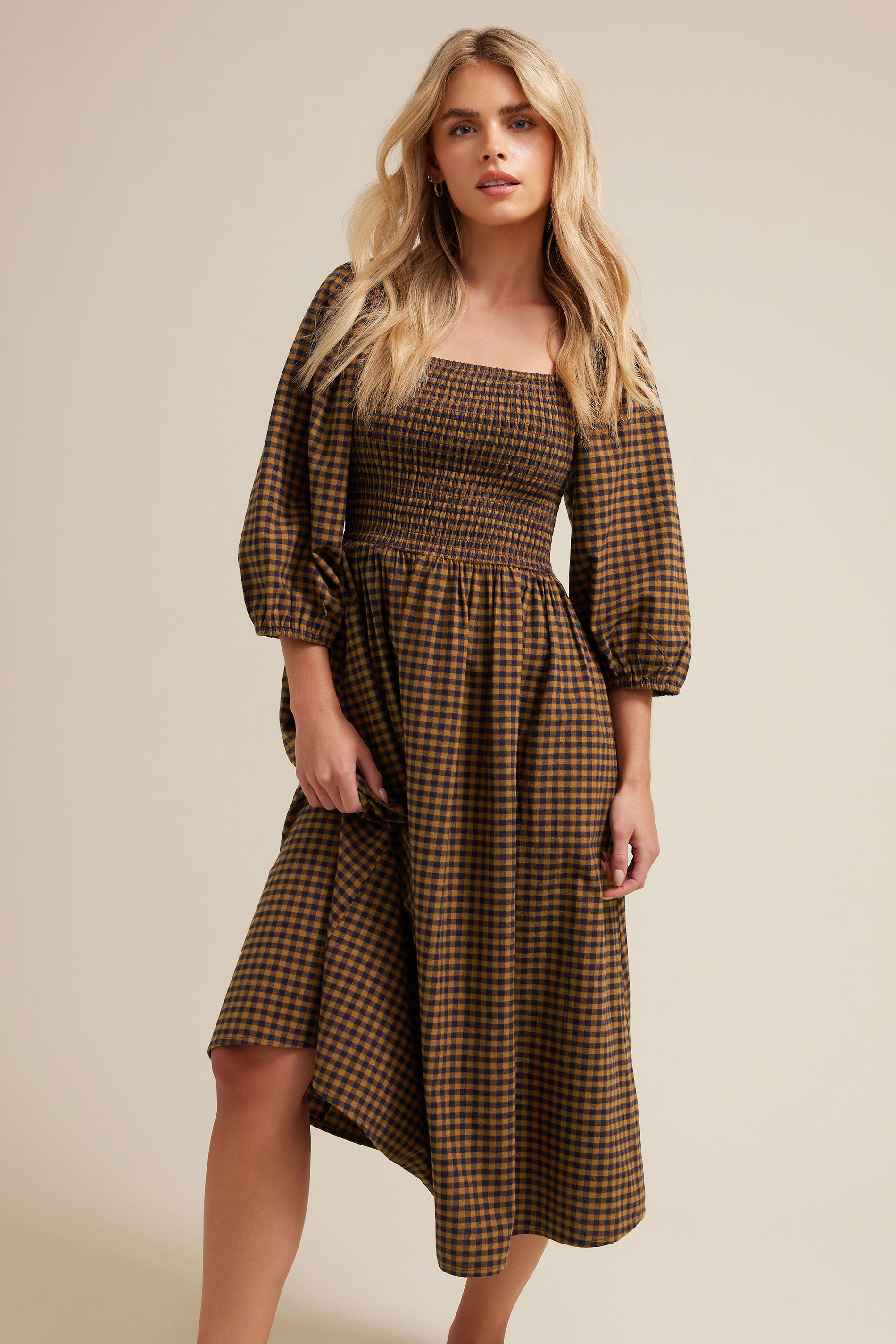 PixieGirl Petite Women's Brown Gingham Puff Sleeve Midi Dress | PixieGirl 3