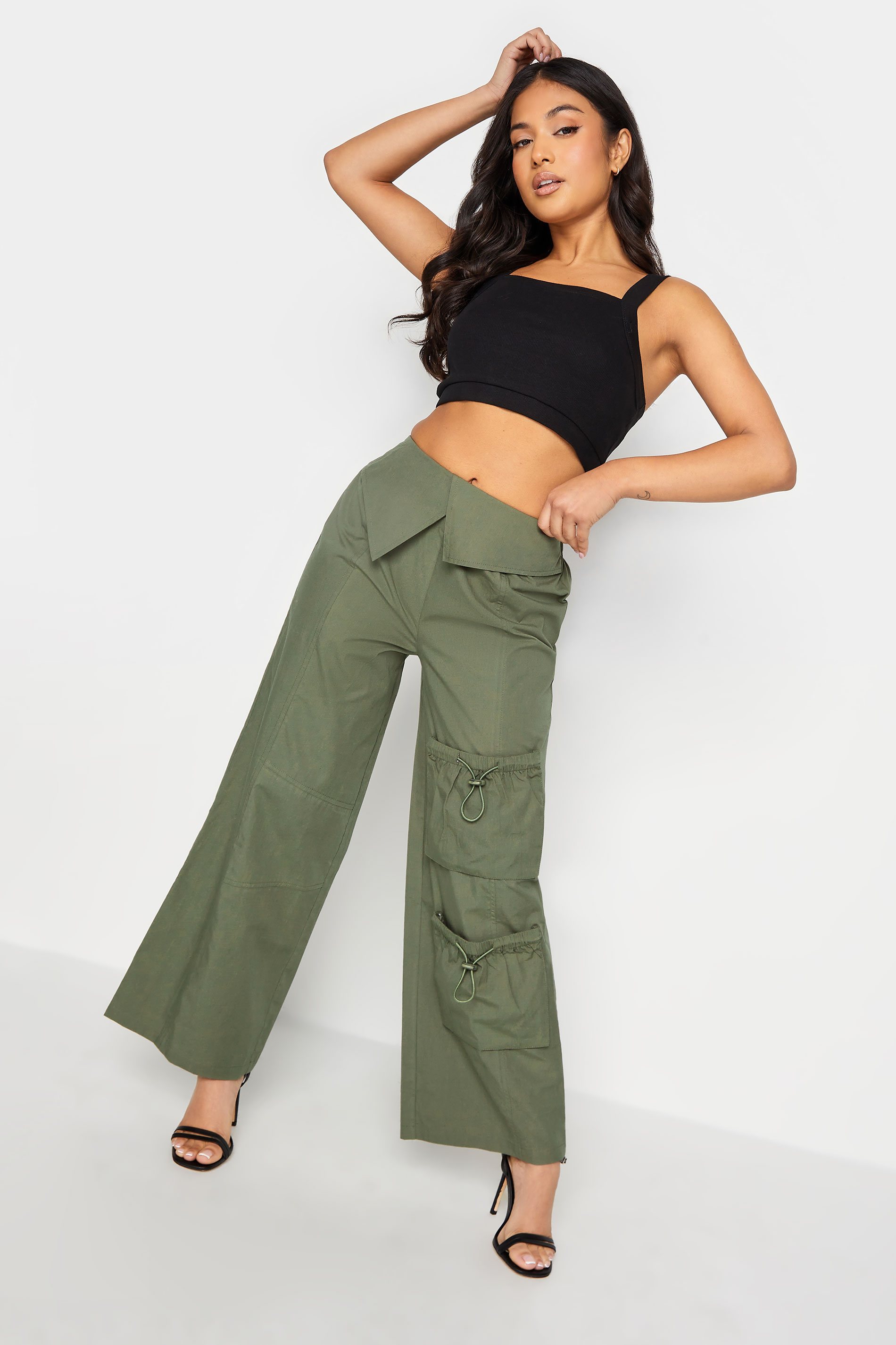 PixieGirl Khaki Green Fold Over Waist Cargo Trousers | PixieGirl 2