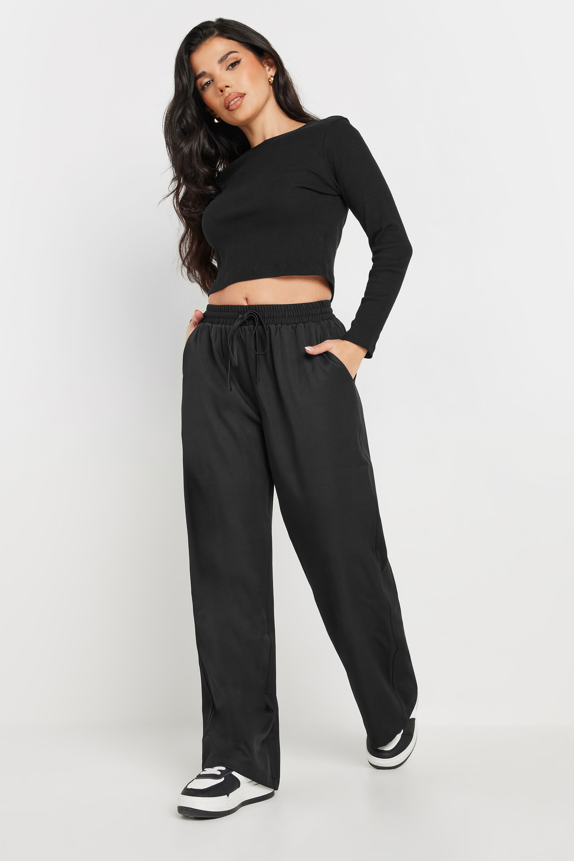 PixieGirl Petite Women's Black Tie Wide Leg Trousers | PixieGirl 1